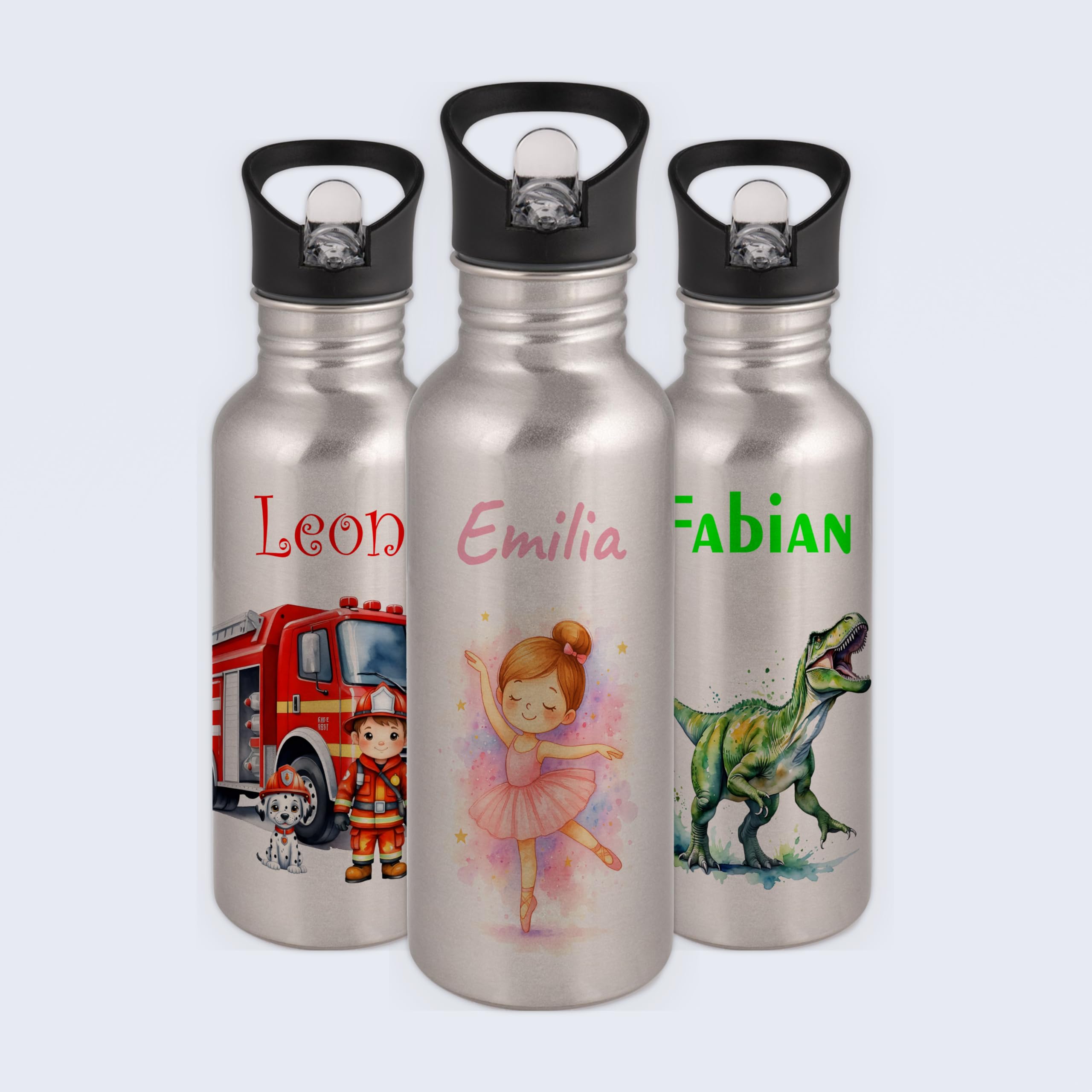 Gravur-Max Kinder Trinkflasche 600 ml personalisiert - Ballerina - auslaufsichere Edelstahl Trinkflasche mit Trinkhalm & Klappdeckel – BPA-frei, leicht & robust – mit Namen bedruckt - Silber