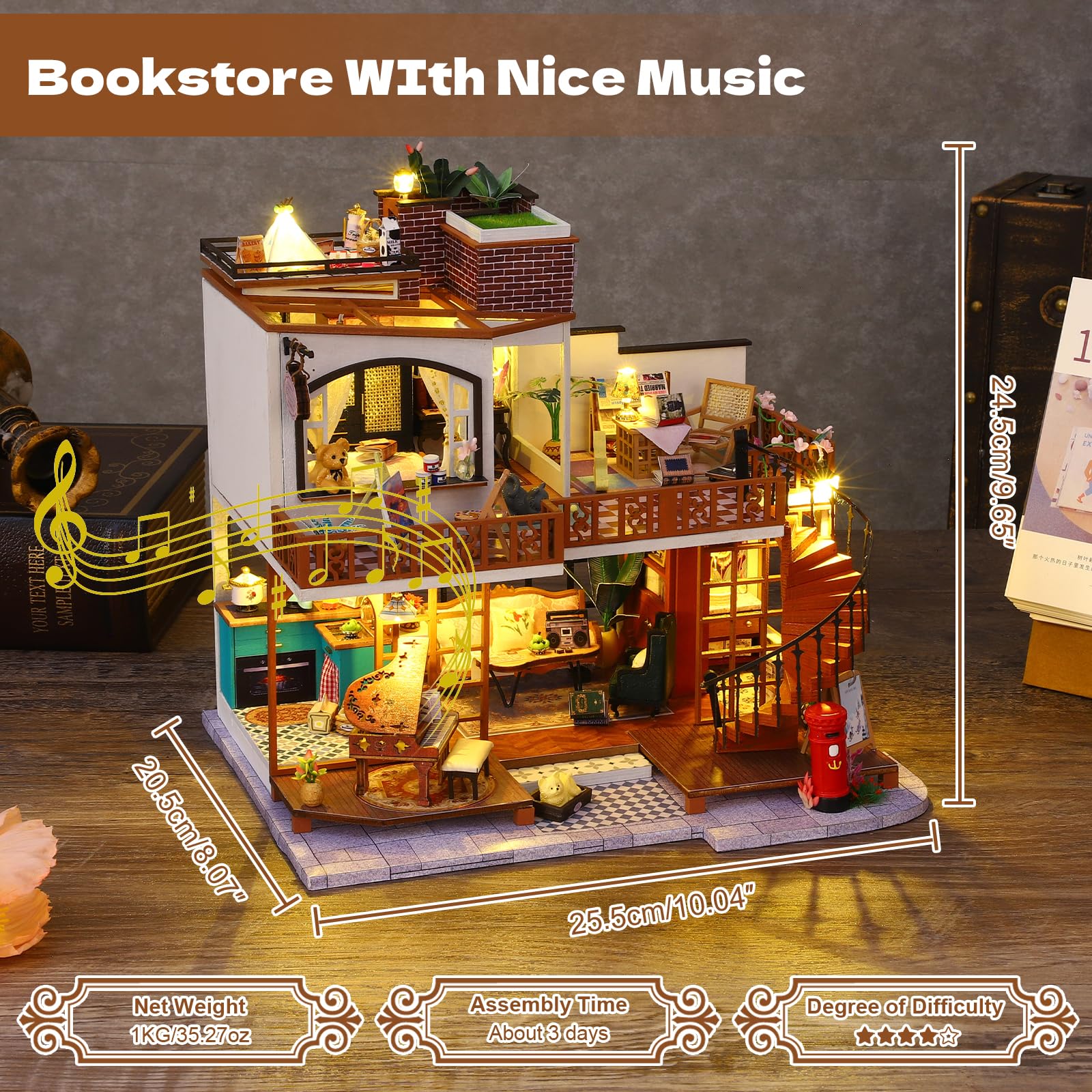 Hallisun DIY Miniature House Kit, Mini 3D Wooden Double Storey Vintage House Building Kit, Tiny Handmade Dollhouse with LED, Dustproof Cover & Music Movement, Creative House Craft for Adults Teens