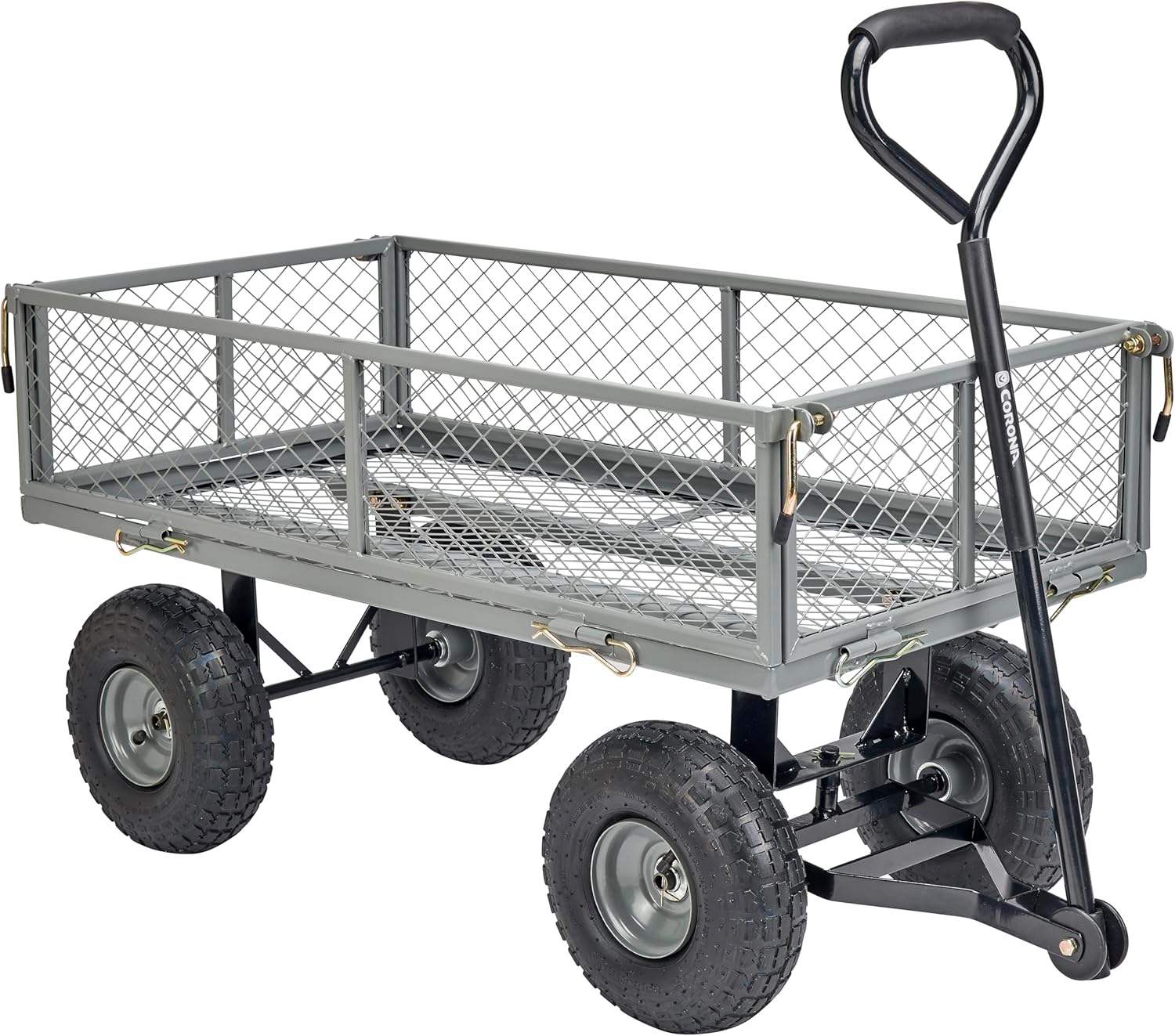 Corona Metal Landscape Cart 400 Pound Capacity Fold Down Sides 10 Inch Pneumatic Tires for Yard, Gardening, Bark, Planting