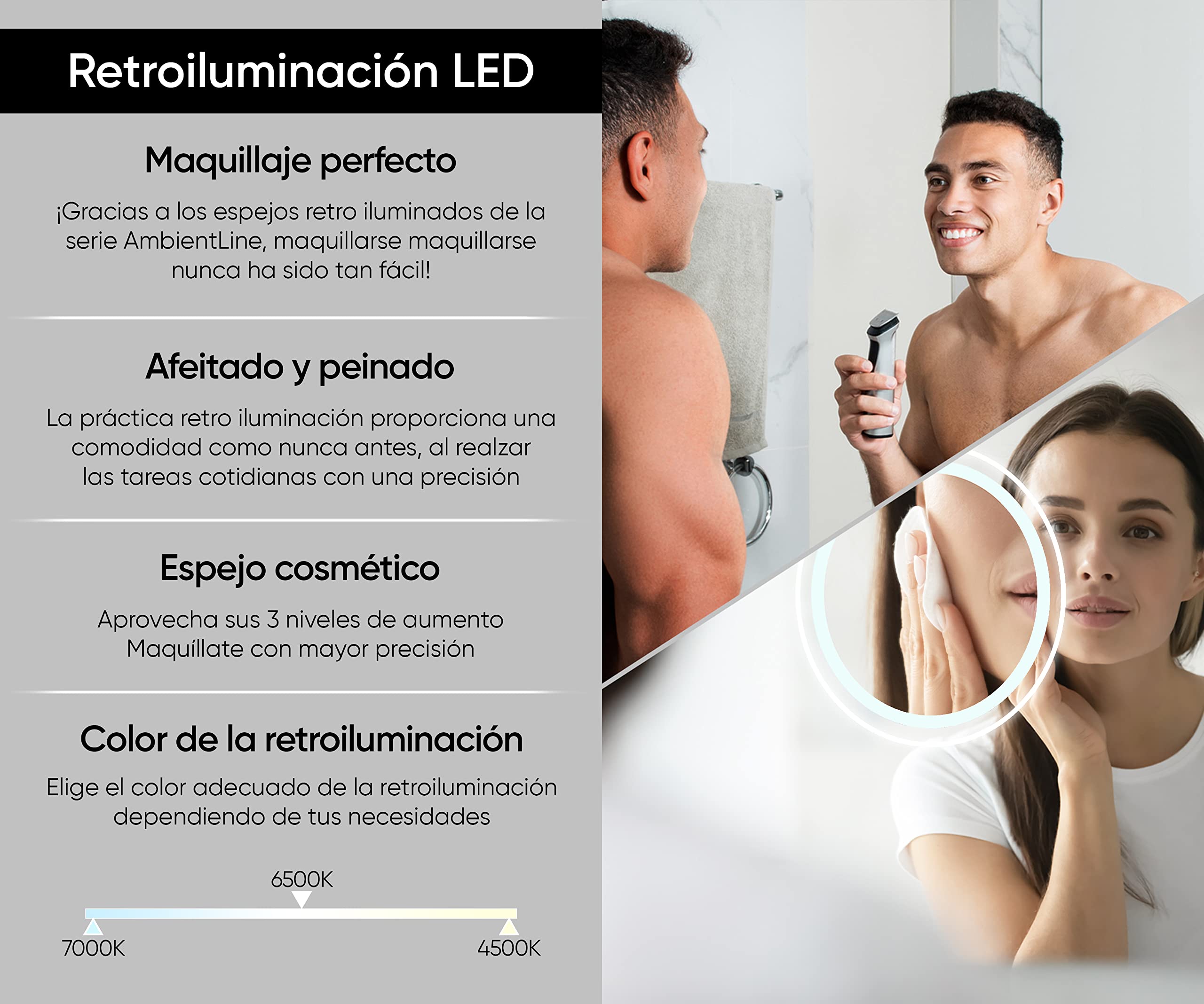 A ARTFORMA Espejo de Baño con Iluminación LED - 120x80 - Luz Espejo de Pared con Accesorios - Diferentes tamaños - retroiluminado Iluminado - L132