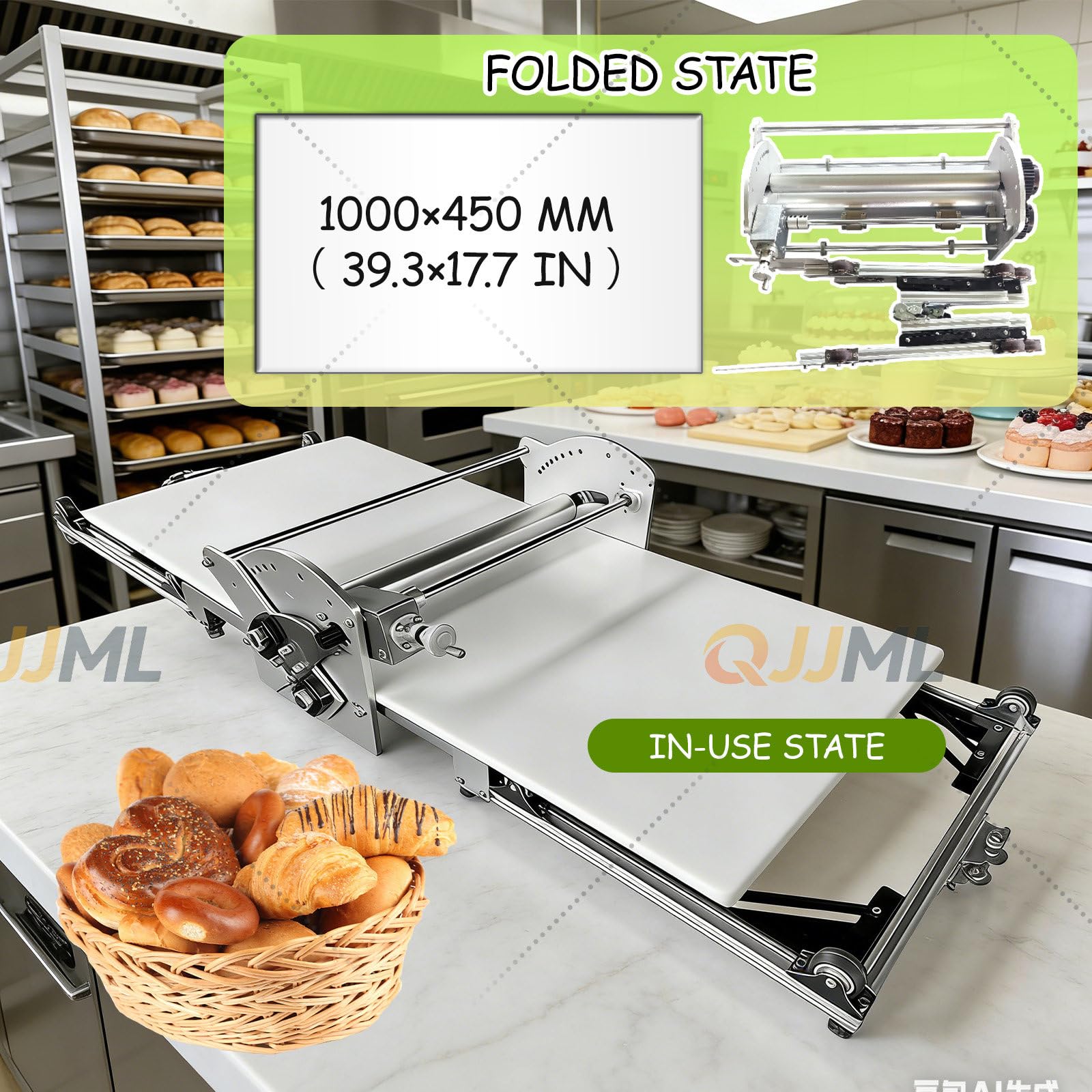 Sfogliatrice elettrica per pasta sfoglia con rotolamento avanti e indietro, caratteristiche pieghevoli, spessore regolabile massimo 30 mm, per cucine domestiche o piccole cucine commerciali