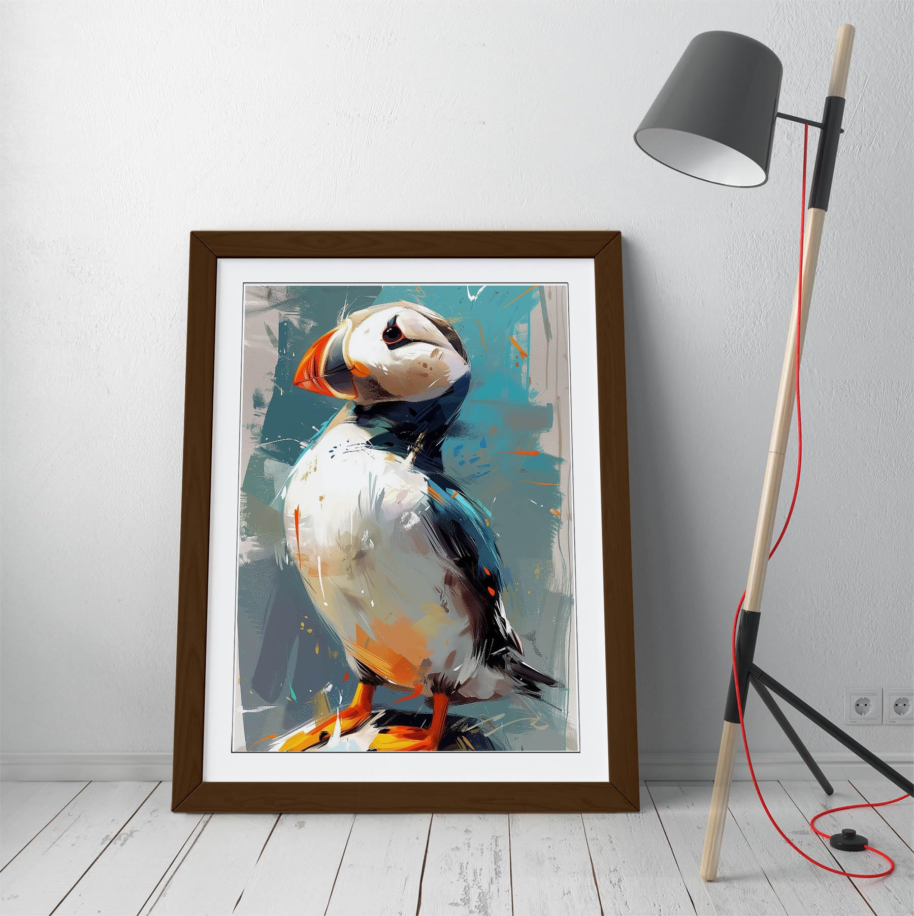 Joyful puffin oil painting Stunning Framed Wall Art Print Picture - A4 - Walnut Frame