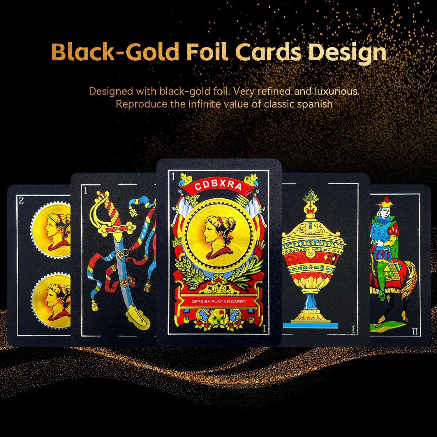 Spanish Playing Cards, Original Spanish Cards Games, Briscas Cards Puerto Rico, Original Spanish Deck of Cards, Mexican Playing Cards [Luxury Black-Gold Foil Classic] [PVC Waterproof] (1 Pack)