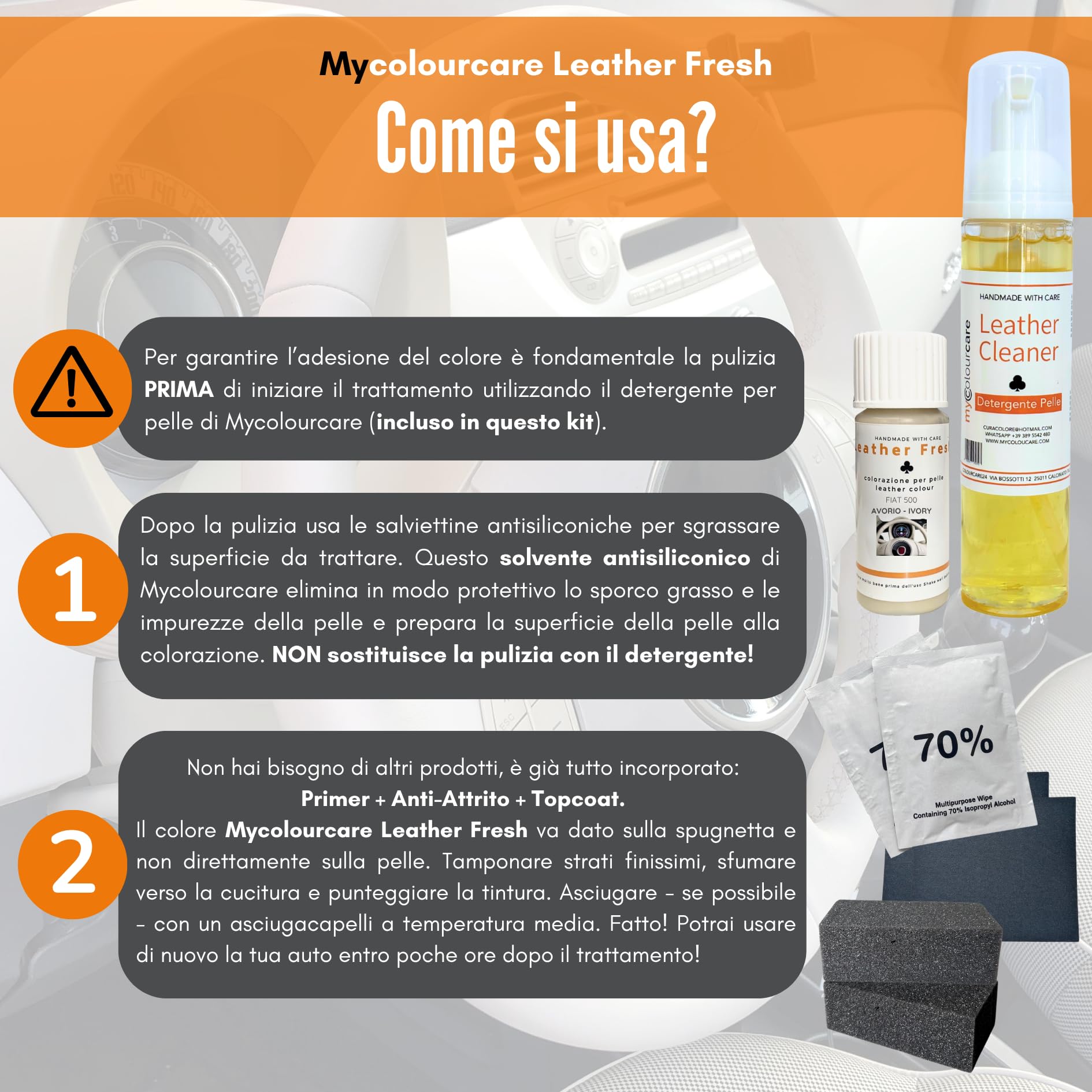Mycolourcare Avorio Volante compatibile con Fiat 500 incluso Detergente Kit Completo Riparazione pelle similpelle facile applicazione fai da te