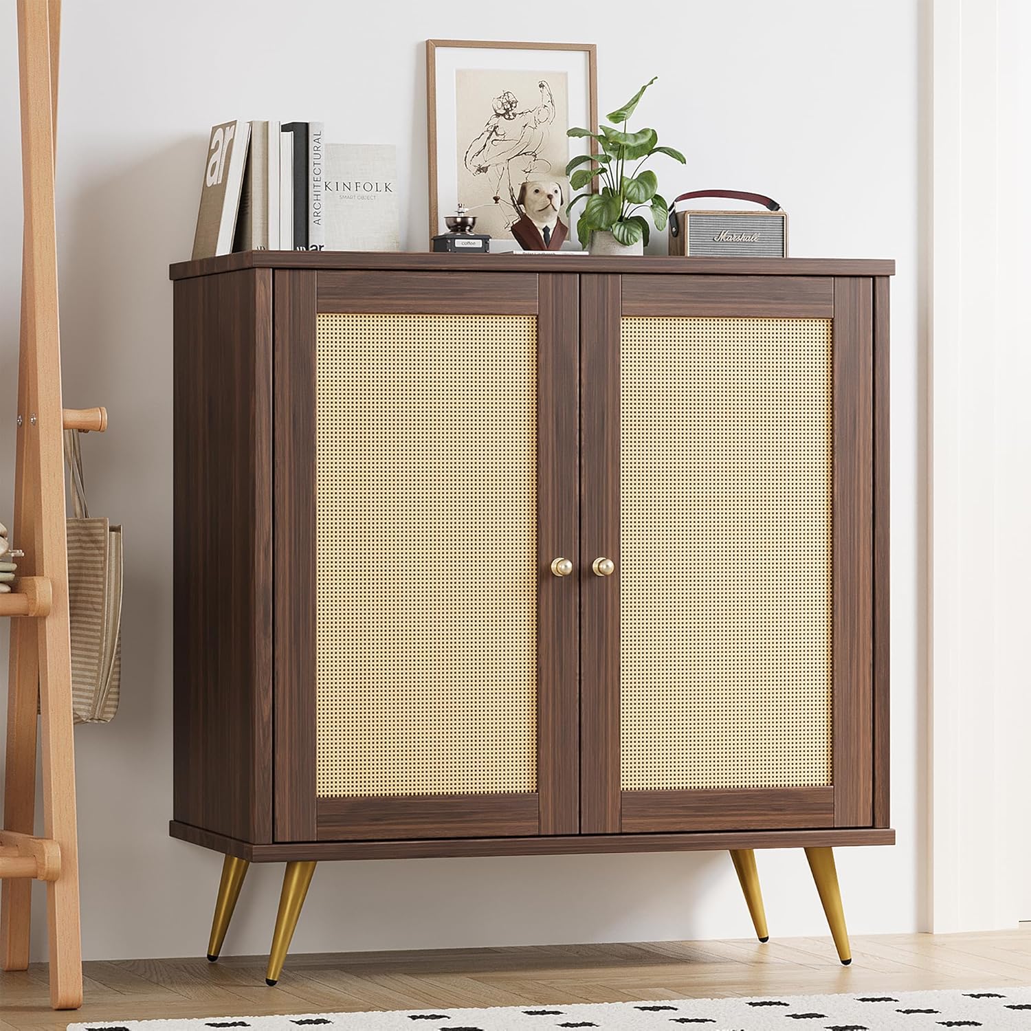 Shintenchi Rattan Buffet Cabinet with Storage, Sideboard Buffet Cabinet with Rattan Decor Doors, Modern Wood Cupboard for Kitchen Living Room Dining Room Hallway Entry,Brown Two-Door Brown