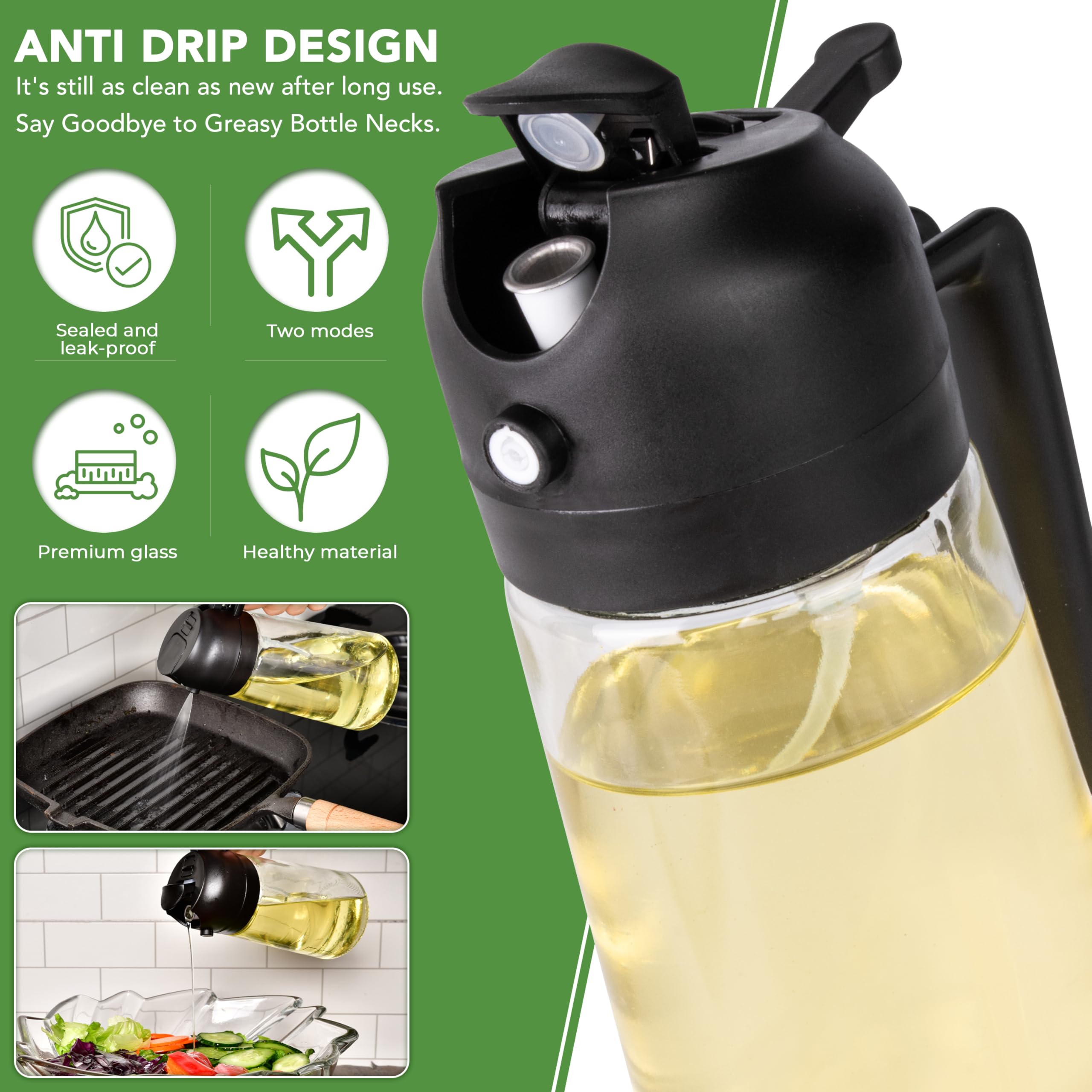 Pulverizador y dispensador de aceite 2 en 1, con botella de vidrio de aceite de oliva para cocinar, y convertirlo en freír al aire, ensalada, barbacoa y hornear, color negro