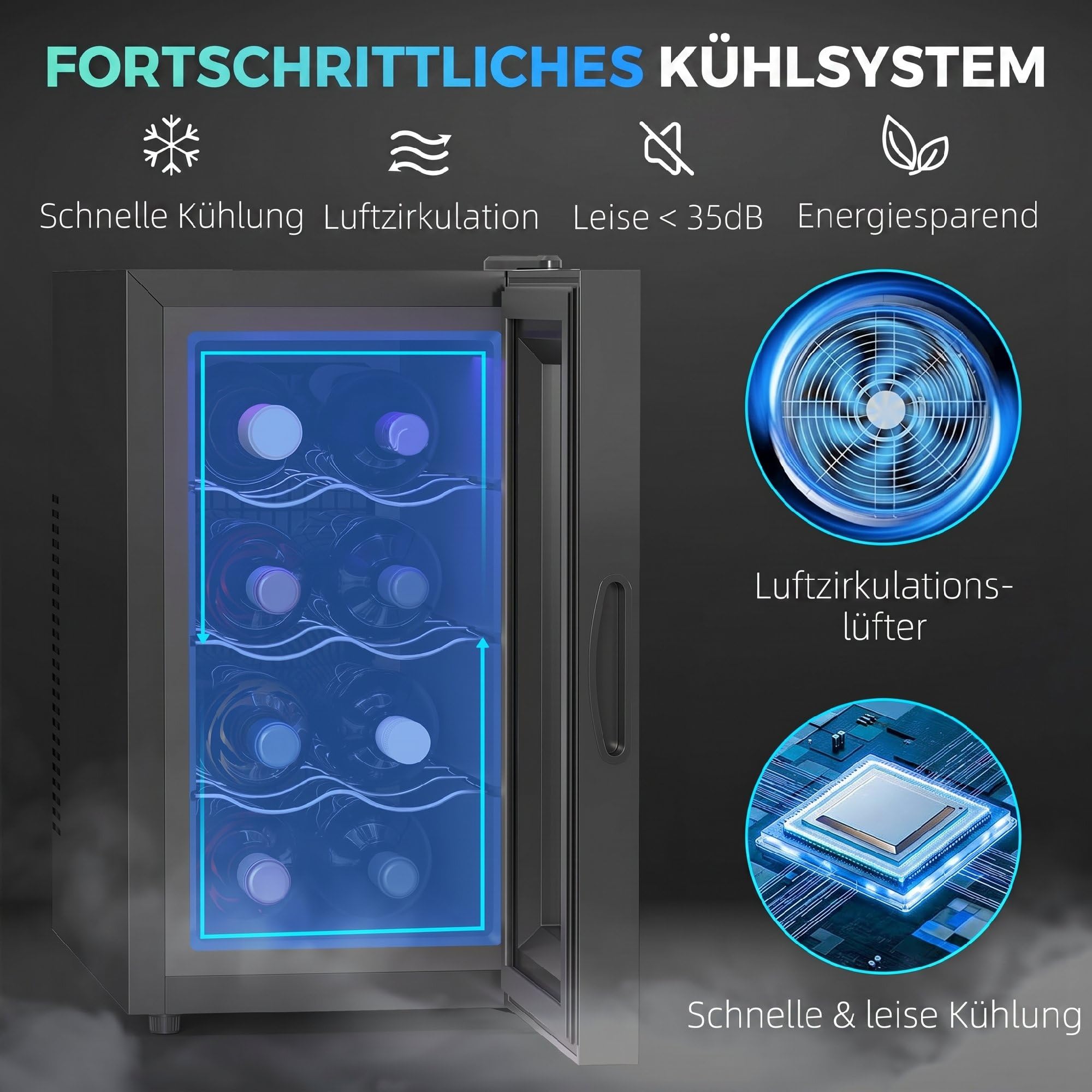 HOMCOM Weinkühlschrank 1 Zonen 8 Flaschen 21L 8-18°C Thermoelektrik LED Touch-Display Schwarz