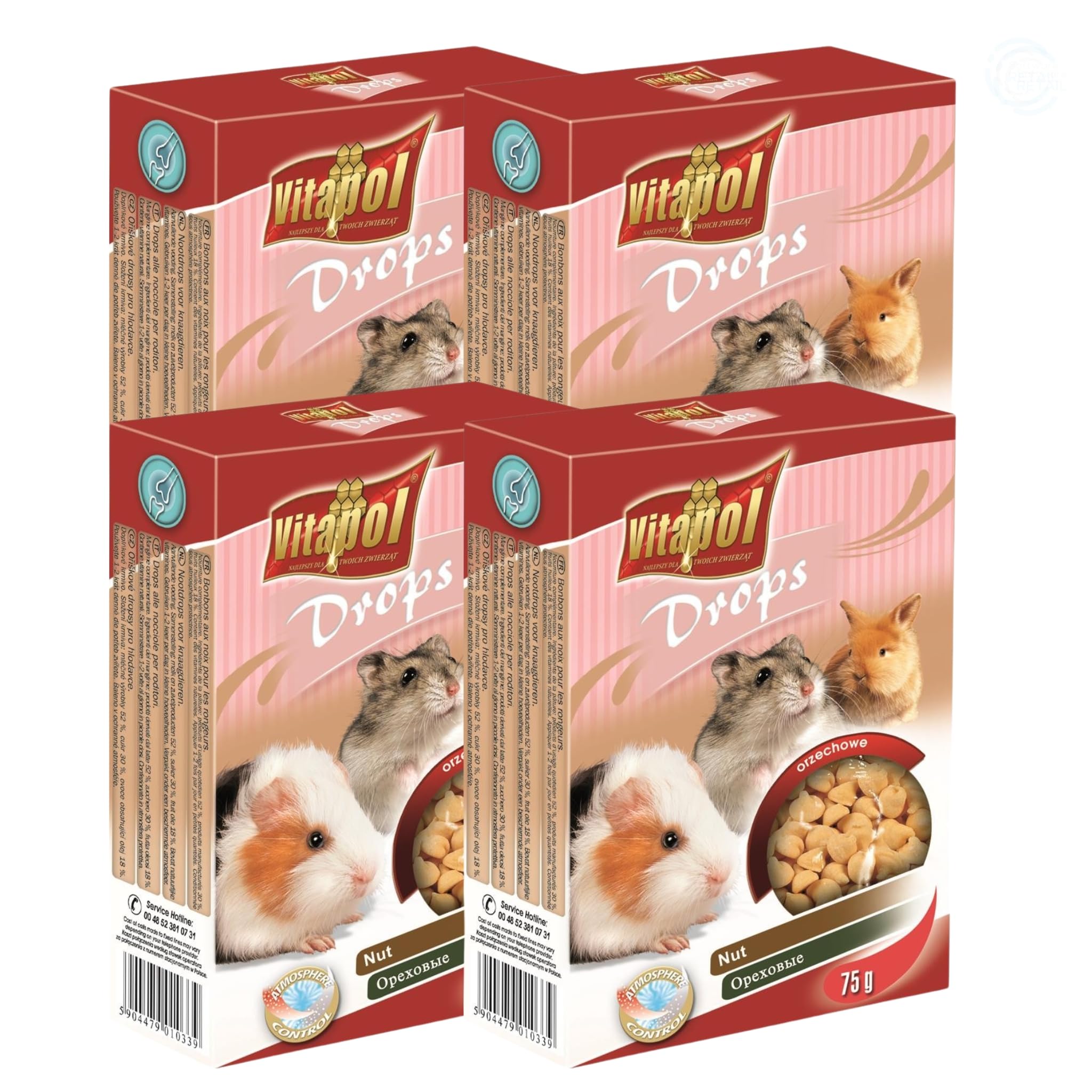 Vitapol Drops Small Pet Treat for Rodents & Rabbits – High-Fibre Complementary Snacks with Vitamins & Minerals – Supports Teeth Health – Carrot, Honey, Yoghurt & More Flavours (Nut, 6x 75g)