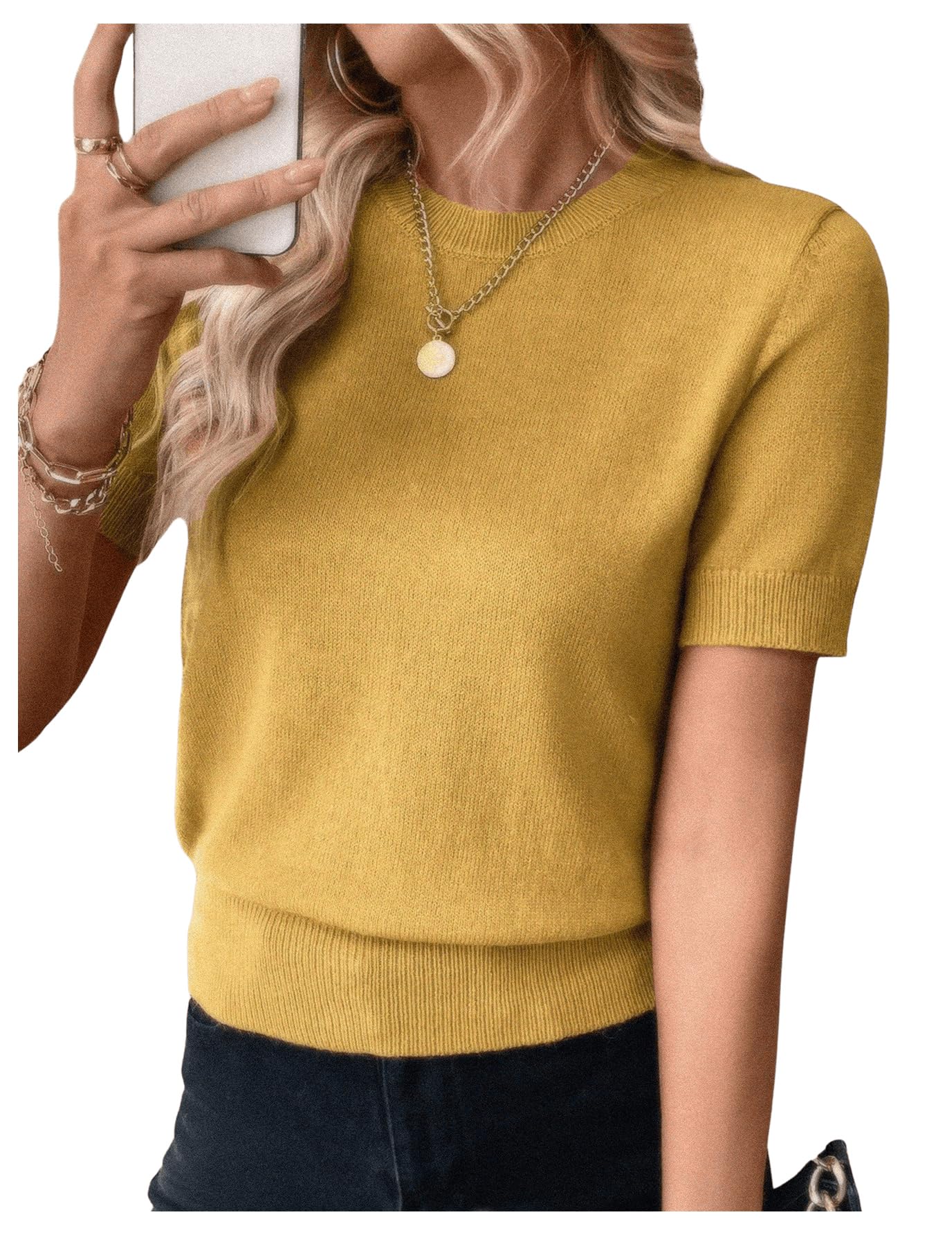 SOLY HUX Womens Short Sleeve Sweater Crew Neck Dressy Casual Knit Tops
