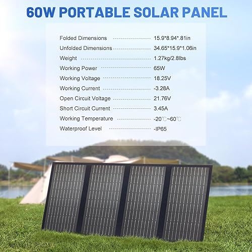 Miniatura 6 de Powdeom SS60 Panel solar portátil de 60 W, cargador de panel solar plegable IP67 impermeable con 18 V CC, PD 45 W USB-C y salida USB-A de 5 V para