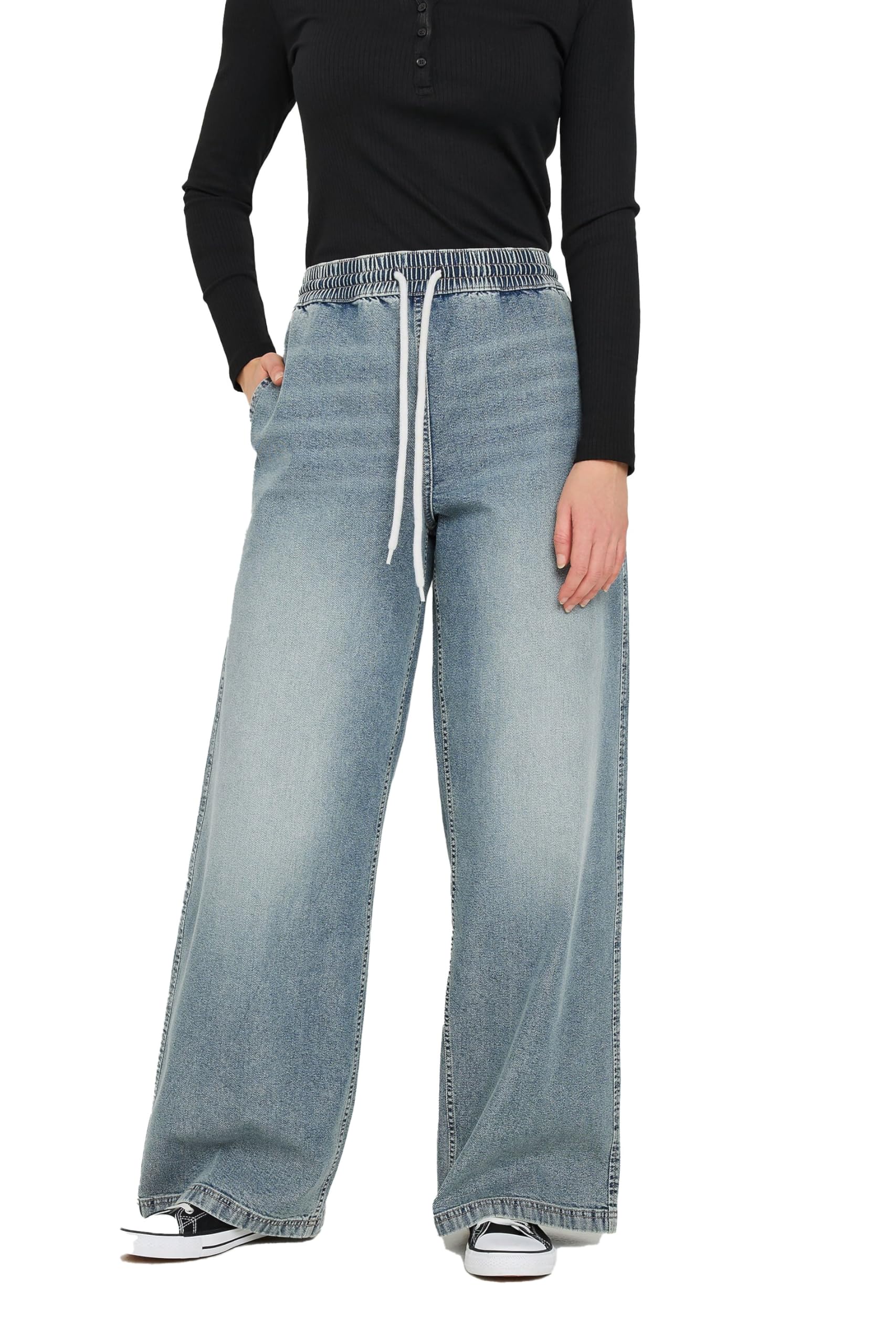 Long Tall Sally - LTS Tall Mid Washed Denim Pull-On Wide Leg Jeans - Womens