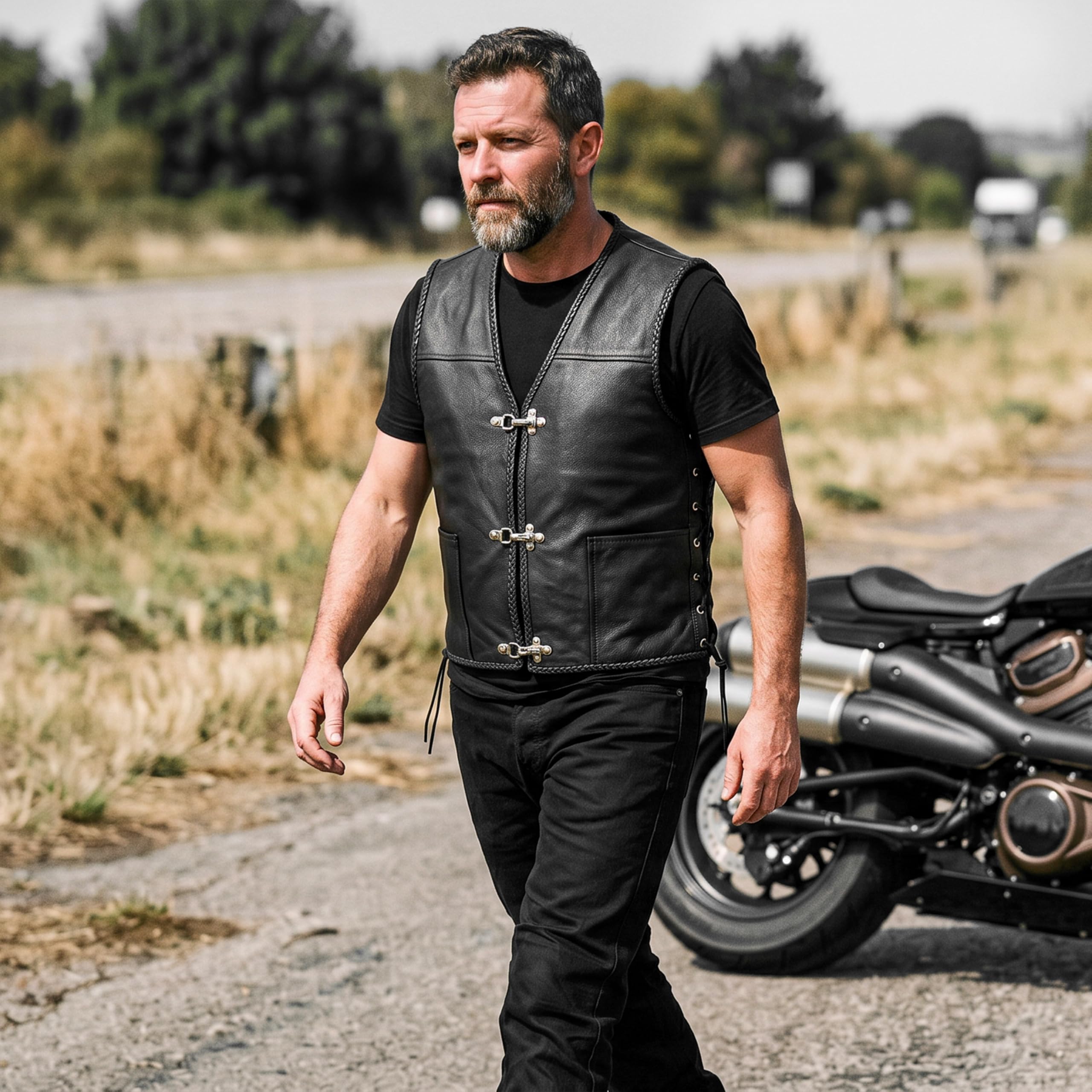 Leatherick Chaleco de motorista de cuero estilo anzuelo de cuero genuino para hombre