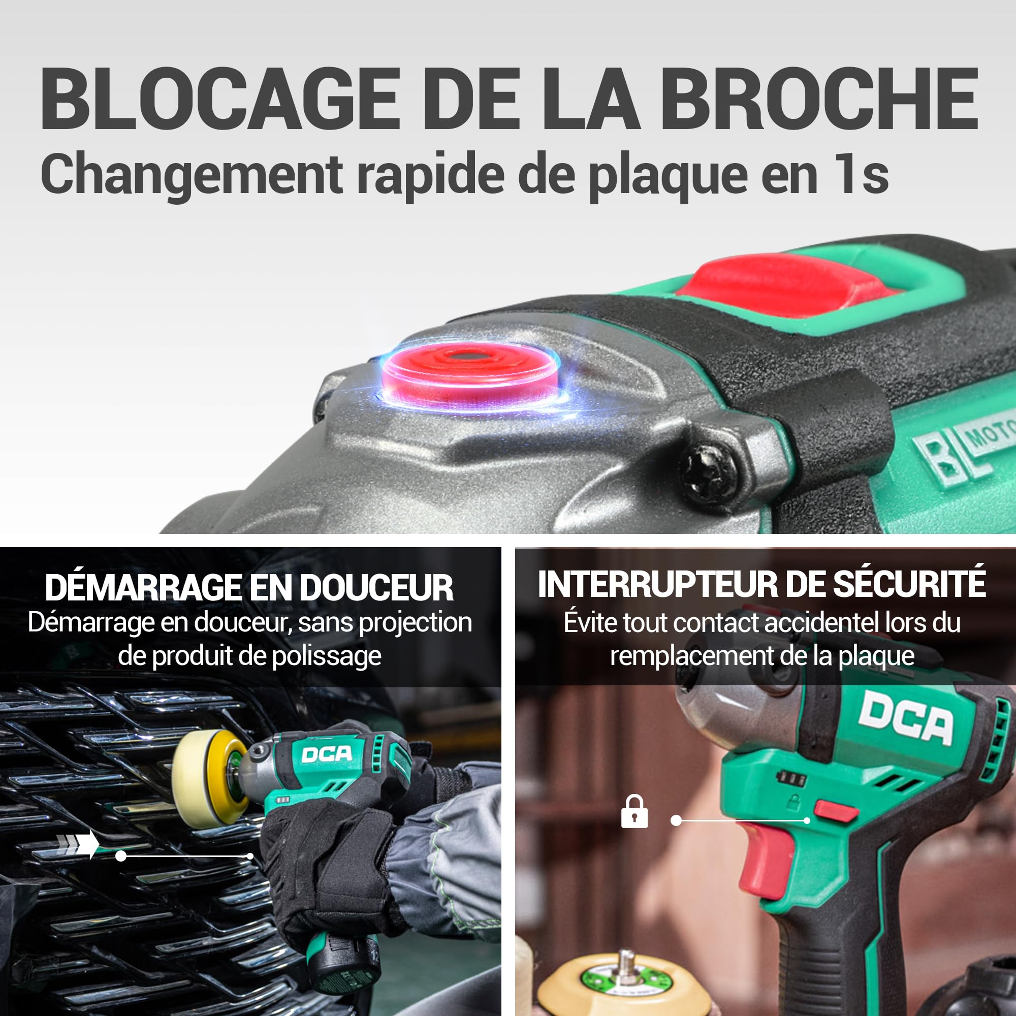 DCA Mini Polisseuse sans Fil 12V, 75mm Mini Polisseuse Voiture Sans Balais et 50mm Ponceuse , 2 Batteries 2,0Ah, 2 Vitesses 2800-8300 tr/min pour Polissage/Lustrage/Ponçage/Cirage Automobile