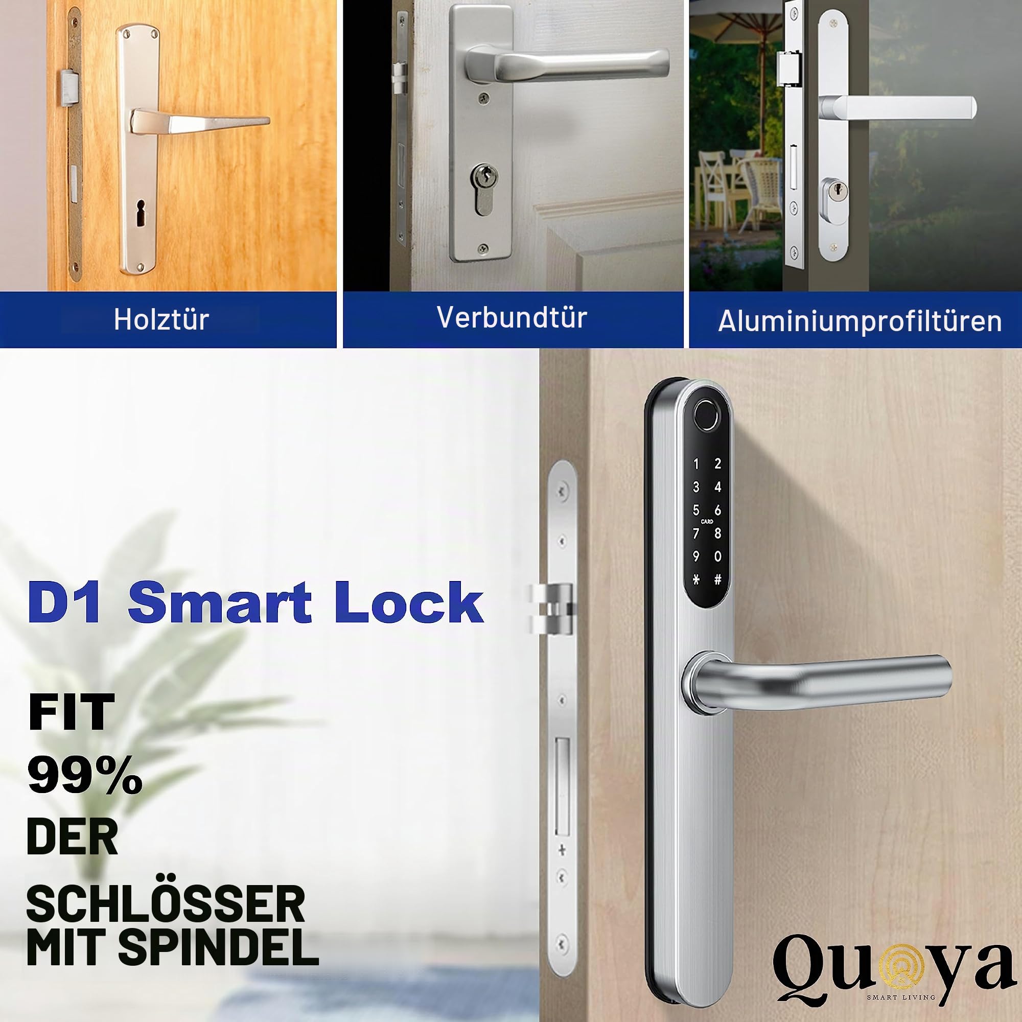 QUOYA D1 Smart Türschloss, 75° Max Drehwinkel, IP55 Wasserdicht, Entriegelungsmethode (Fingerabdruck, RFID-Tastenkarte, Pin/Passcode, App, Mechanischer Schlüssel) (Silver)