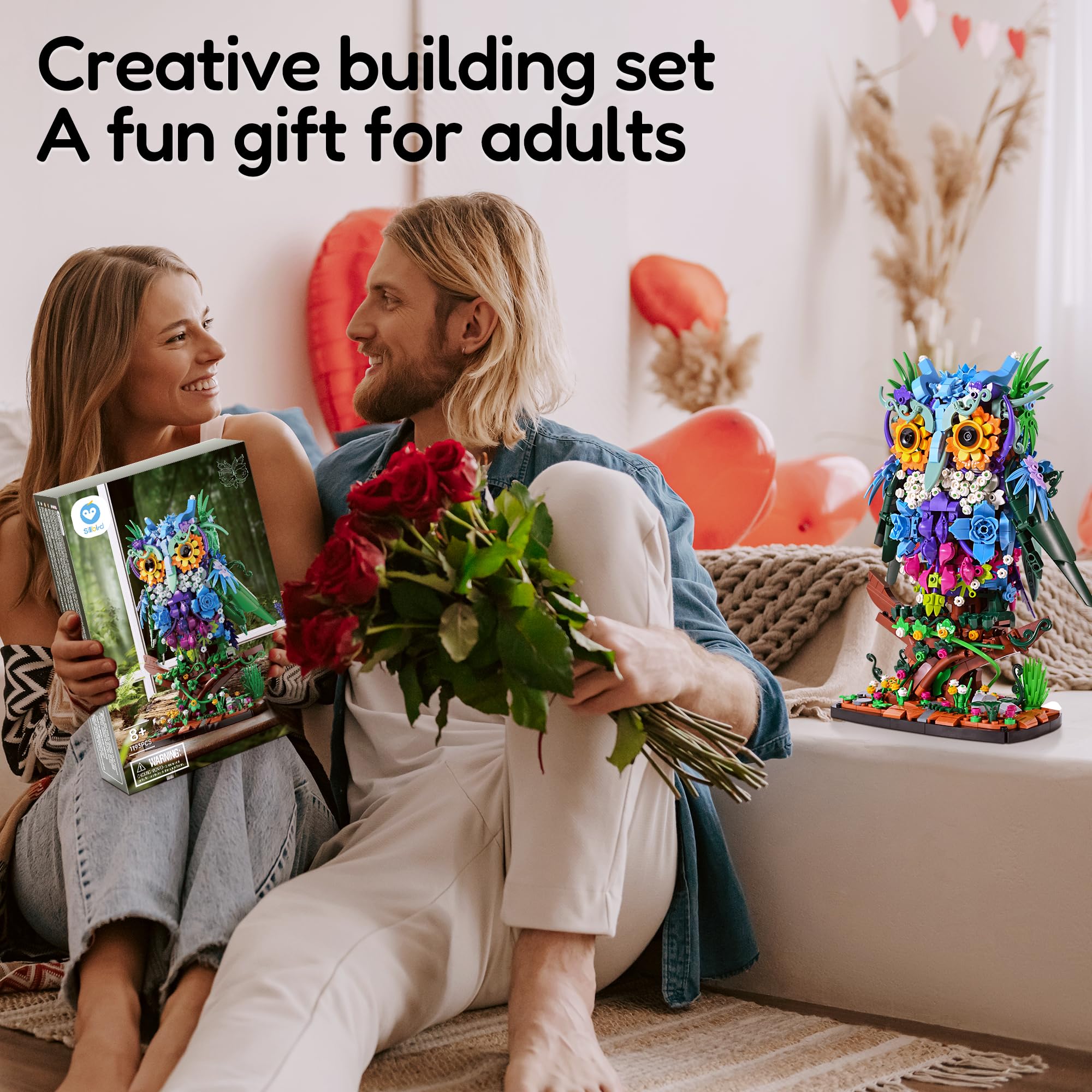 Sillbird Flower Owl Building Sets for Adults Halloween Creative Gift Ideas for Women Men Mom Her, Home Decor Display or Table Centerpieces - Buildable Floral Animals Botanical Model Collection