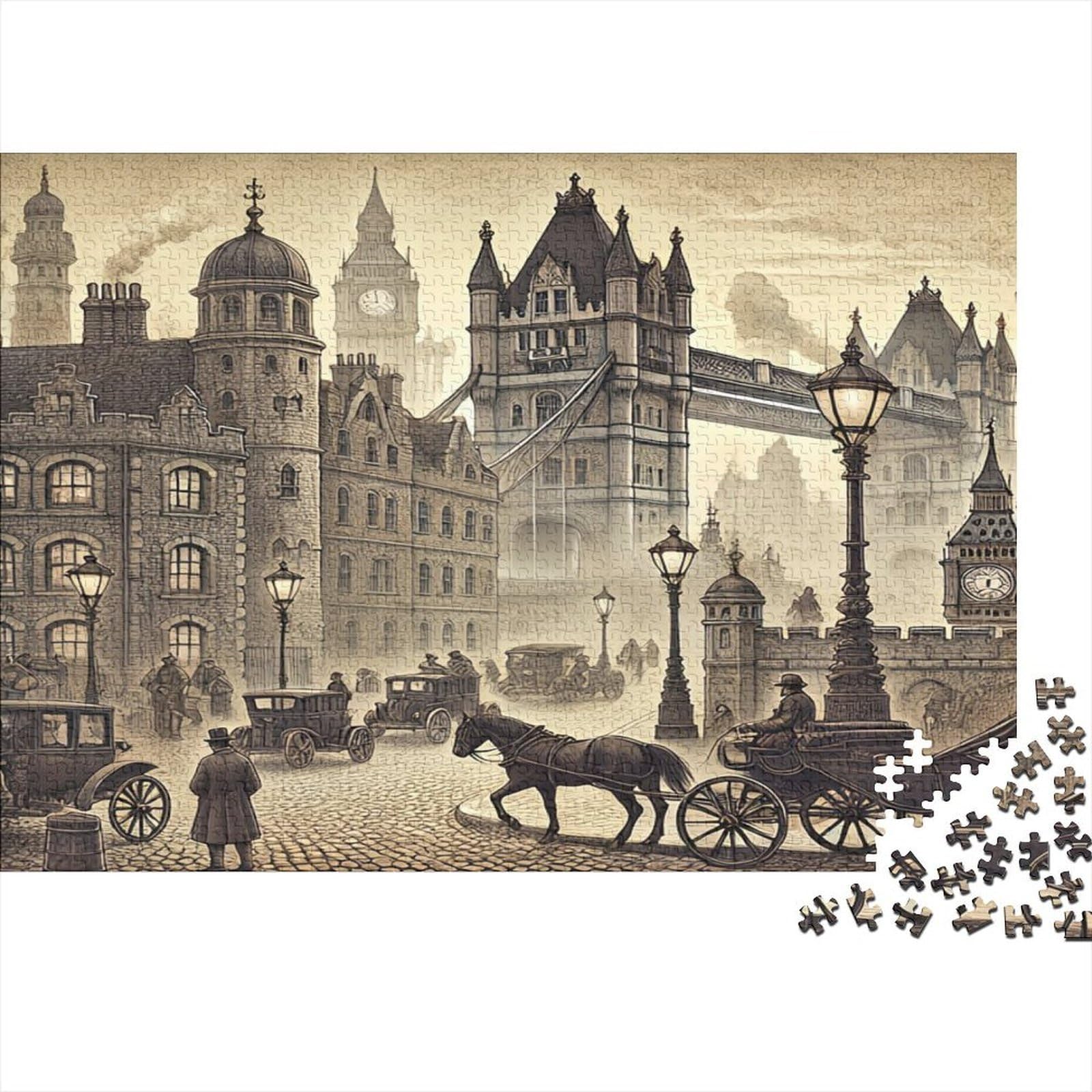 Vintage London Street 1000 Piece Vintage London Street with Horse Cart Jigsaw Puzzles for Adults And Kids Challenging Games 1000 Pieces Beautiful Decoration for Women, Gifts for Men 70x50cm/1000pcs