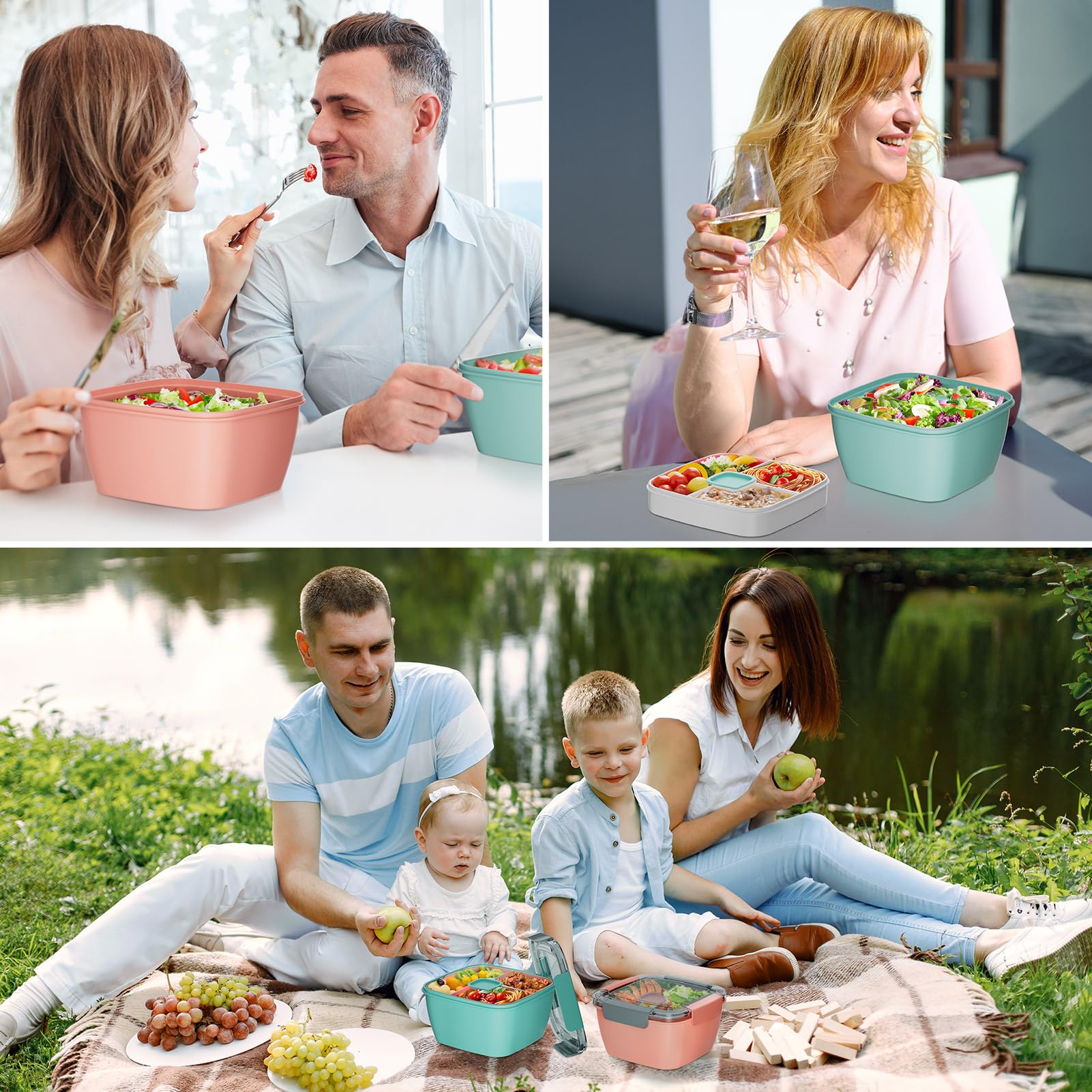 Cherrysea Contenedor de almuerzo para ensalada, paquete de 2 cuencos de ensalada con bandeja de 3 compartimentos, lonchera a prueba de fugas con tenedor para hombres, mujeres, contenedor de aperitivos