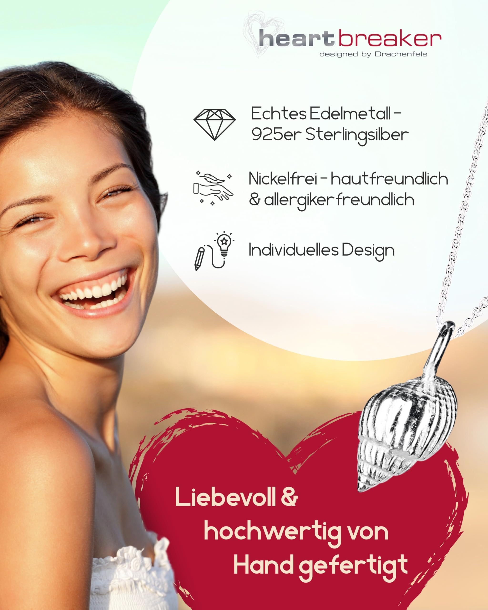 Heartbreaker "Sealife" Muschel-Anhänger klein I Edler Muschelanhänger aus 925 Sterling Silber I Nickelfreier Kettenanhänger in Goldschmiedequalität I Hochwertiger Anhänger für Damen I LD SL 37