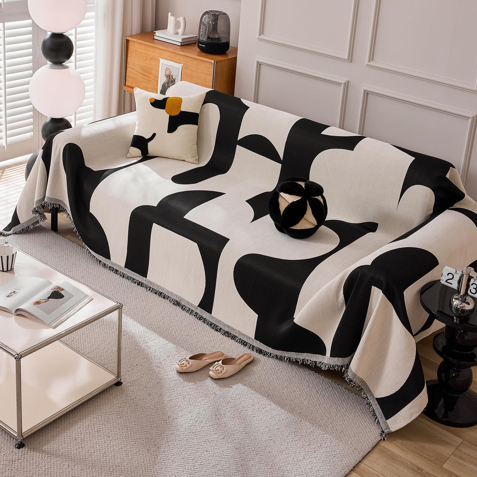 Manta Sofa Manta Decorativa Geométrica Reversible - Colcha Sofa, Ultraresistente para Sofás, Antiapañazos de Mascotas, Antimanchas y Antipolvo 180 * 300cm-Negro
