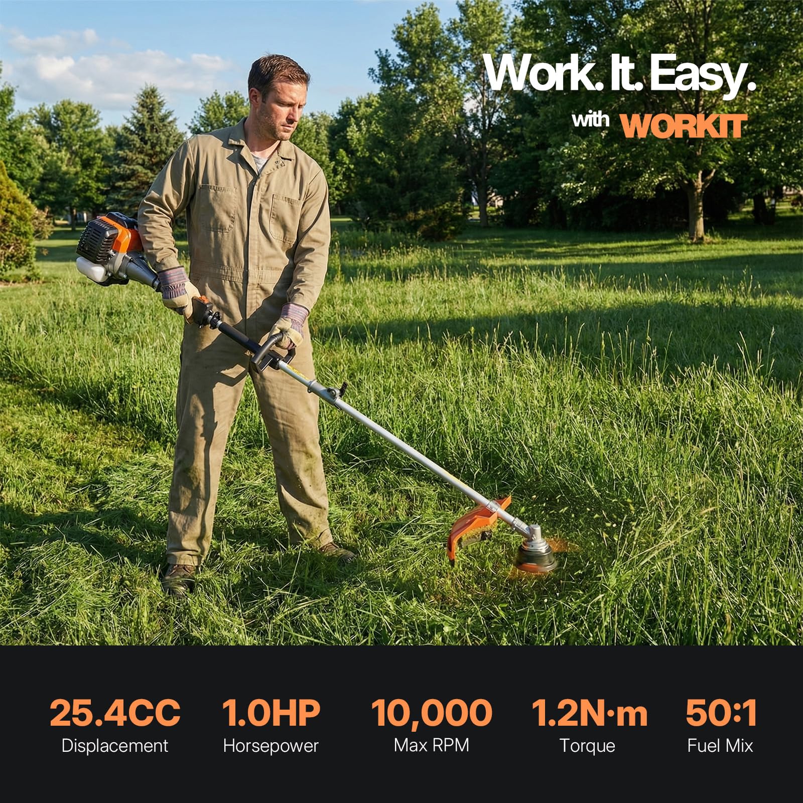 WORKIT Podkaszarka spalinowa 25,4 cm³, 3 w 1, podkaszarka do trawy i przycinarka do krawędzi, szerokość cięcia 43 cm, żyłka 2,4 mm, nóż 3-zębowy i 40-zębowy, 2-suwowy