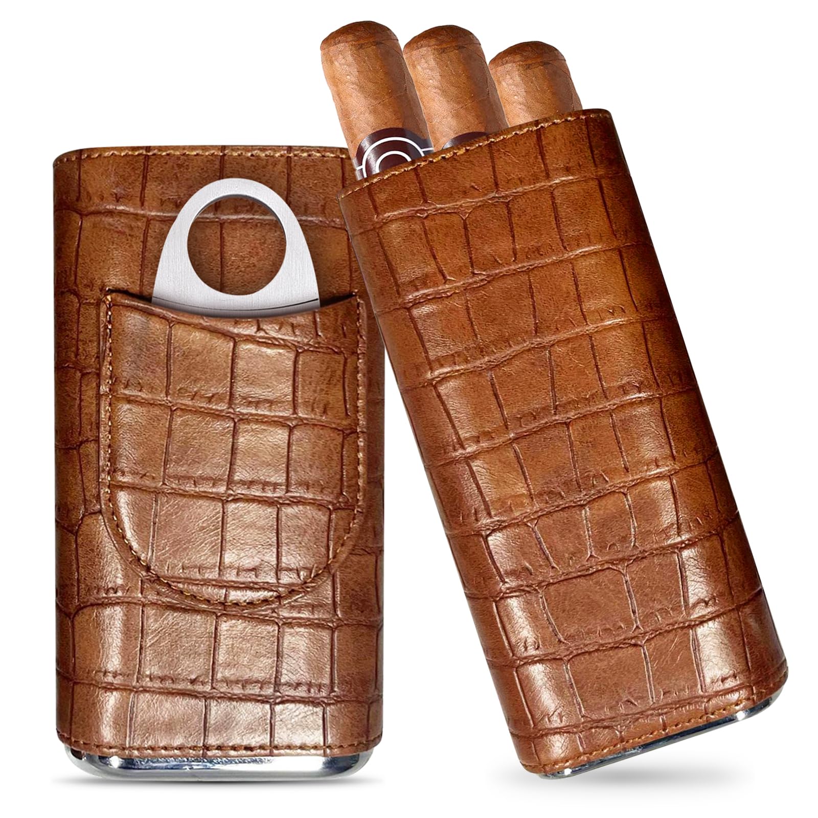 Portasigari in Pelle per 3 Sigari con Tagliasigari in Acciaio Inox, Scatola Porta Sigari in Legno di Cedro, Scatola Elegante per Sigari da Viaggio e Regalo per Uomo, Marrone