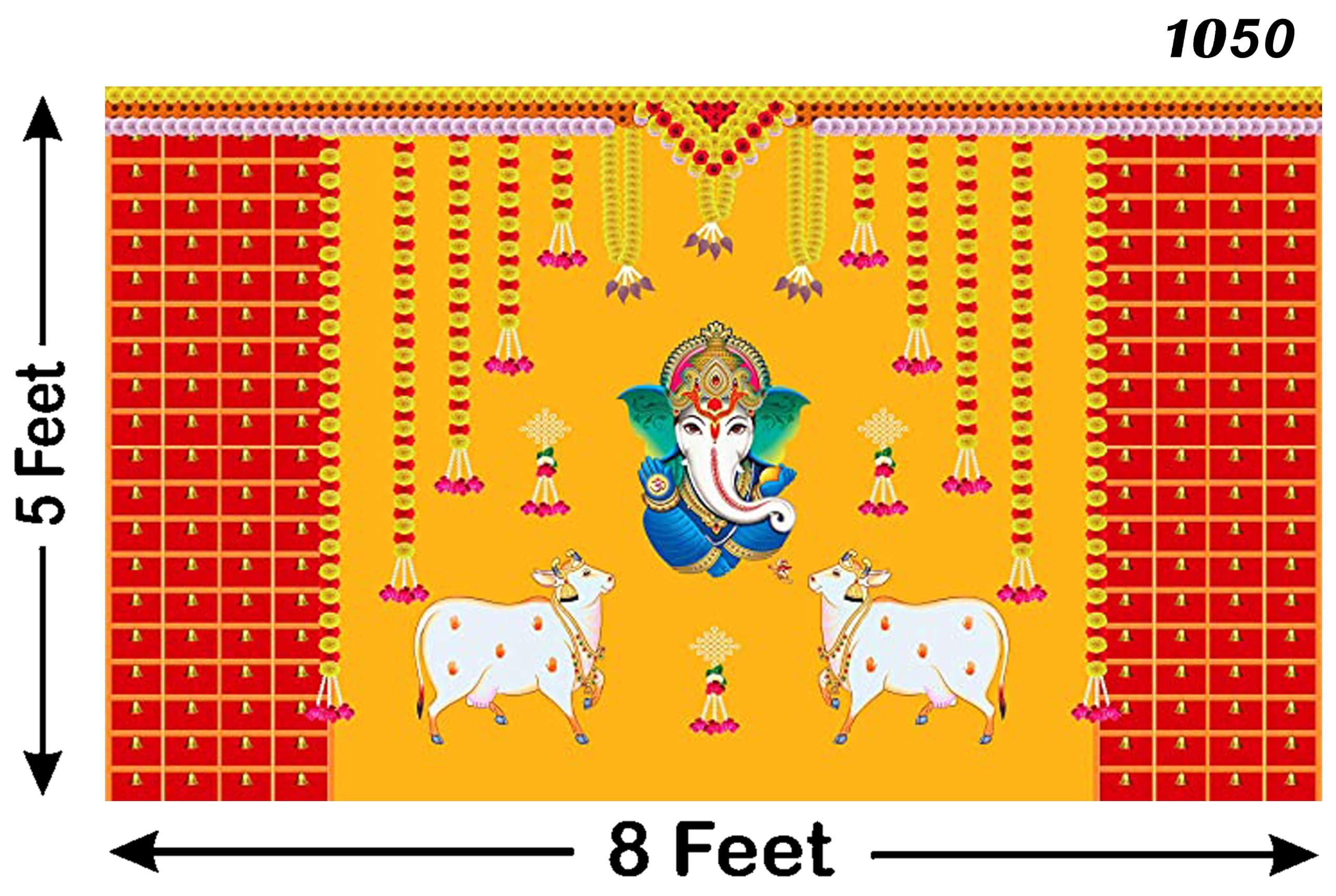 Ashvath Fashion Marigold Flower with Cows and Ganesh ji Design Backdrop Cloth for Pooja Decoration Traditional Background Curtain Cloth for Festival Size 5 Feet Height and 8 Feet Width(5 * 8) 1