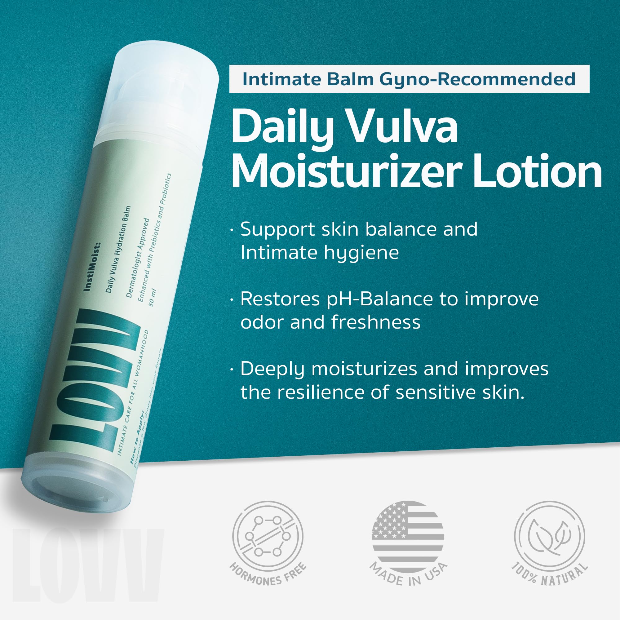 LOVV Instimoist Vulva |2 Oz| Moisturizer Lotion Fast Absorbing with Hyaluronic Acid Prebiotics and Probiotics for Daily Feminine Care Soothes Dryness and Restores Balance to Sensitive Intimate Skin