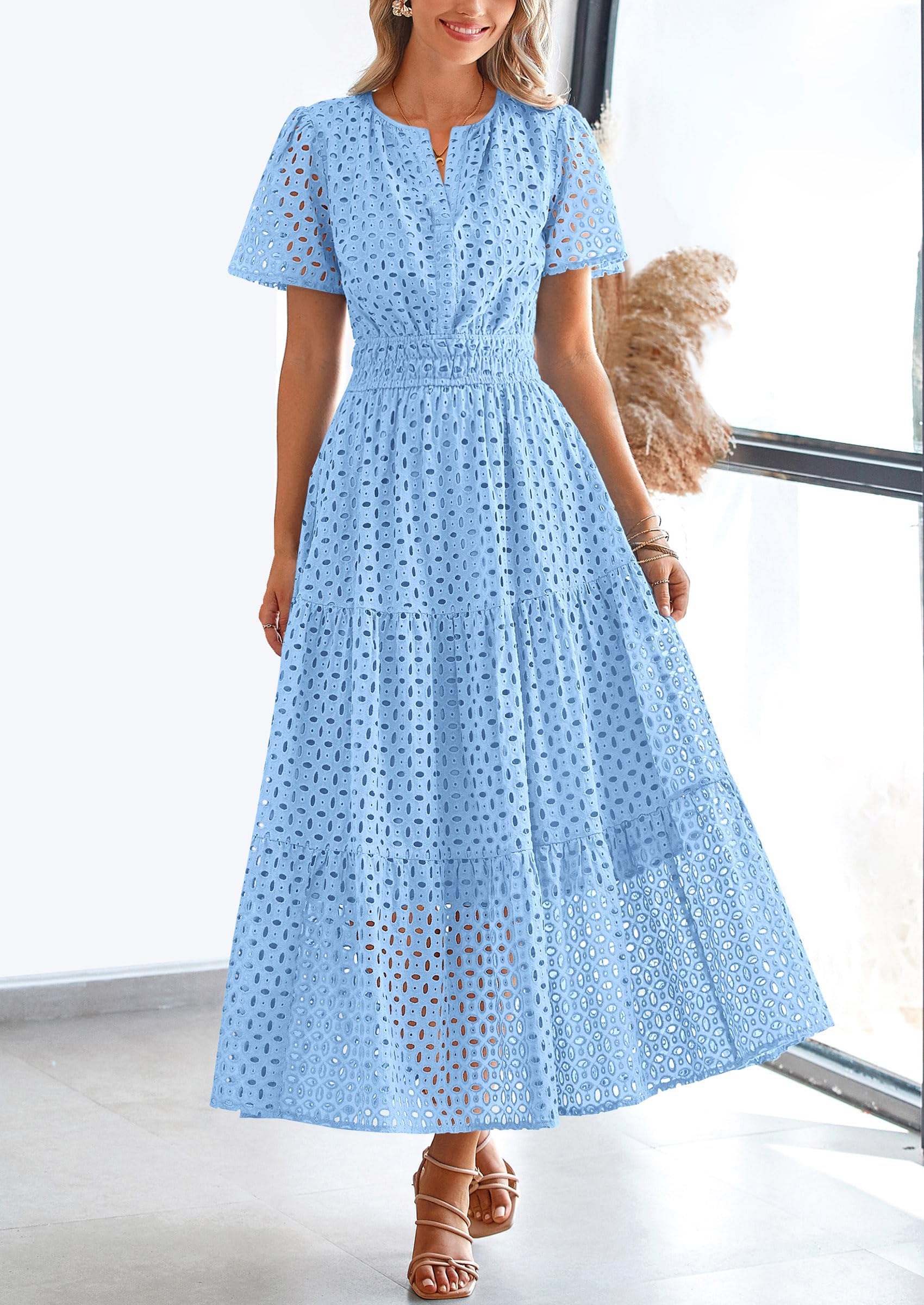 PRETTYGARDEN Womens 2026 Summer Maxi Dress Short Sleeve V Neck Hollow Out Eyelet A Line Long Flowy Beach Vacation Dresses: Light Blue Large