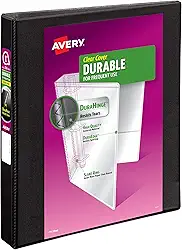 Avery Fichário durável com 3 anéis, anéis inclinados de 2,5 cm, capacidade para 250 folhas, DuraHinge, lombada de 3,5 cm de largura, capas transparentes personalizáveis e lombada, 1 fichário preto