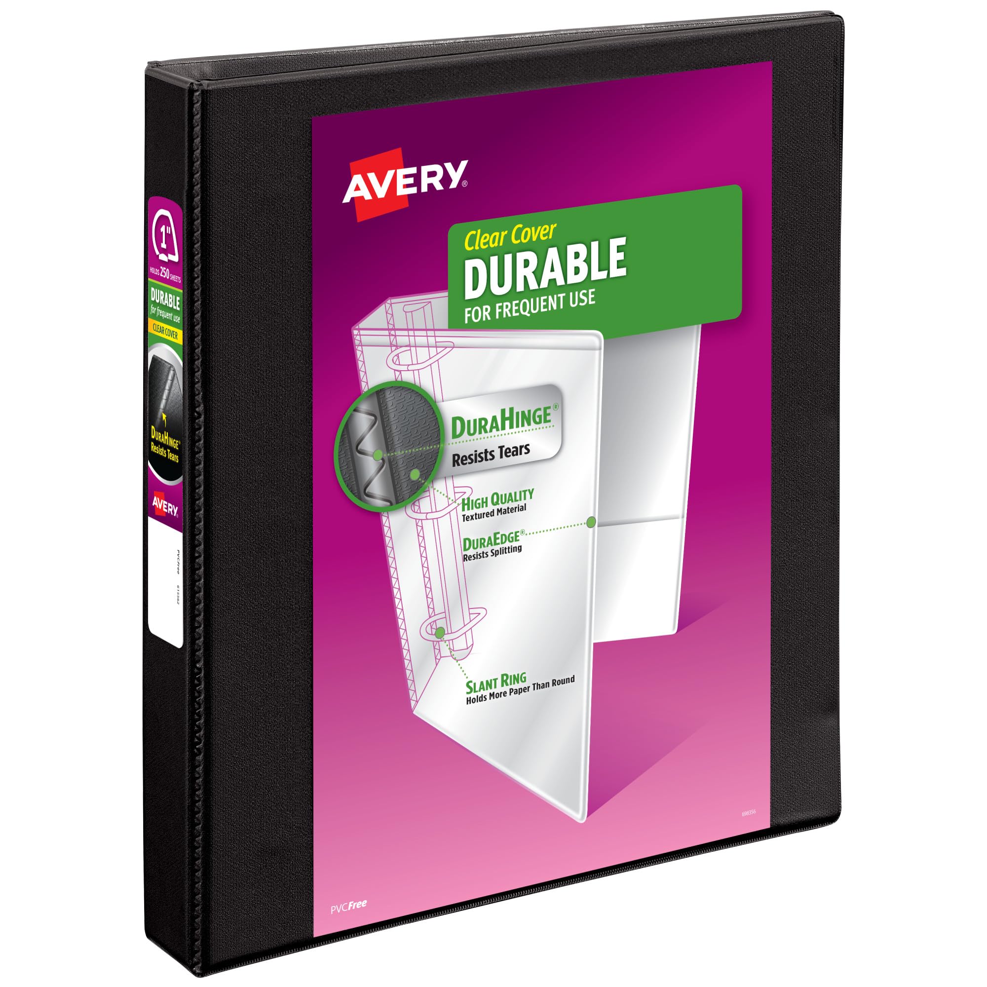 Avery Durable View 3 Ring Binder, 1 Inch Slant Rings, 250-Sheet Capacity, DuraHinge, 1.4 Inch Wide Spine, Customizable Clear Covers and Spine, 1 Black