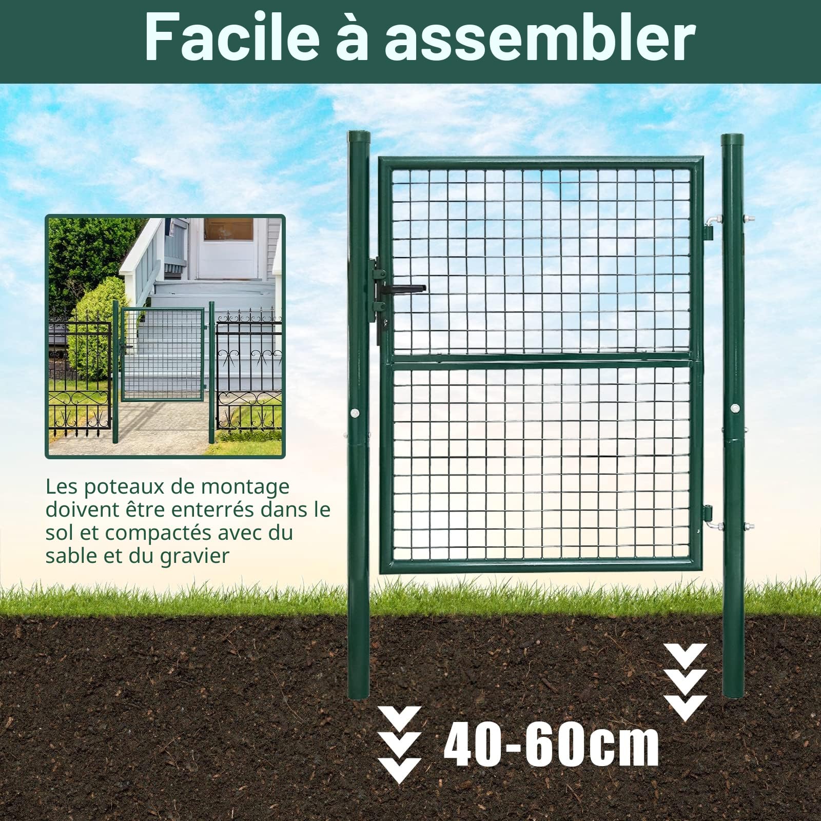 Fiqops Portail de jardin, 125 x 100 cm, vert, en acier galvanisé, avec serrure, poignée de porte et 3 clés, résistant aux intempéries, robuste et durable