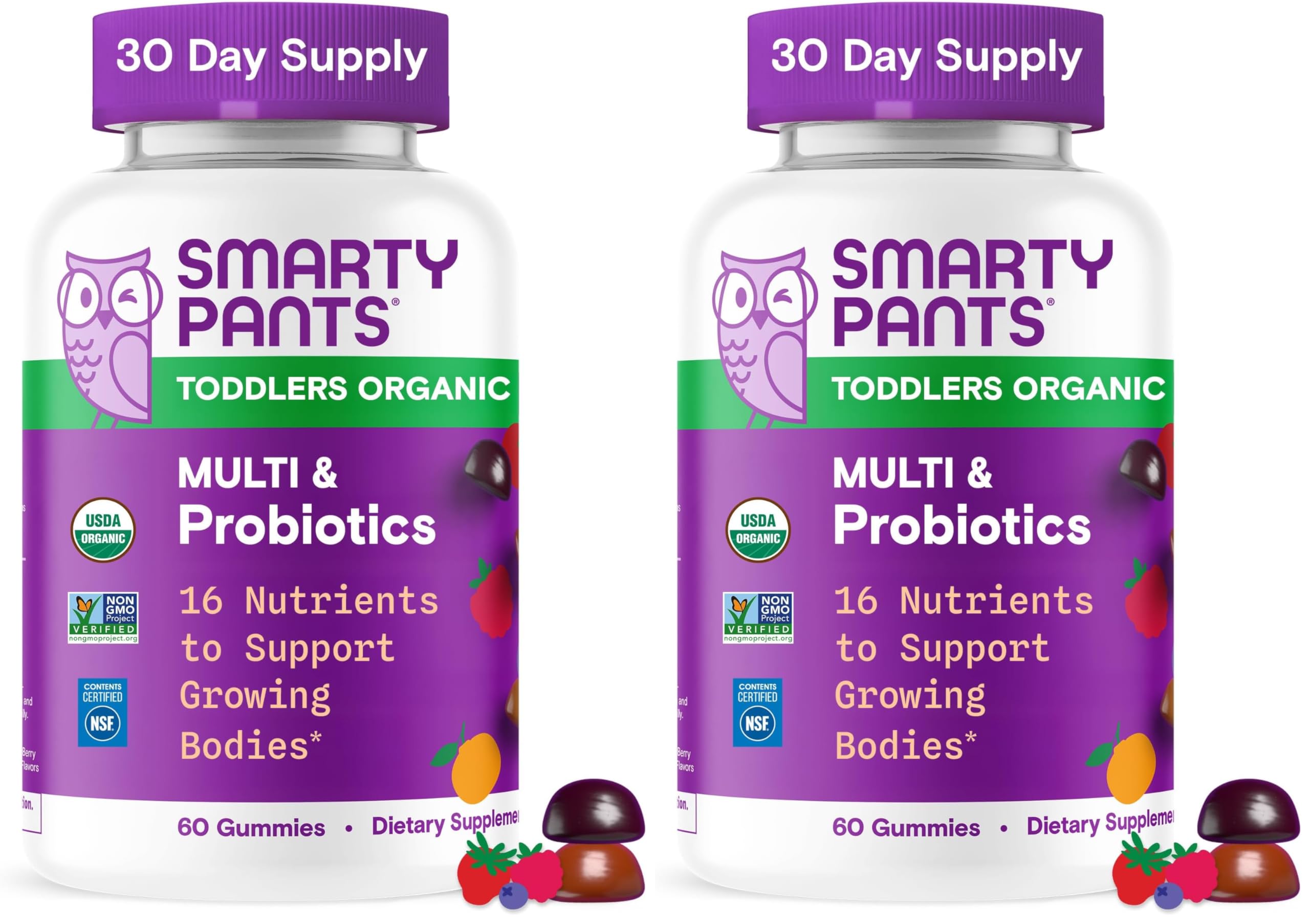 SmartyPants Organic Toddler Multivitamin Gummies: Probiotics,Omega 3 (ALA),Vitamin D3,C,Vitamin B12,B6,A,K&Zinc,Beta Carotene,Gluten Free,Three Fruit Flavors, (30 Day Supply),60 Count (Pack of 2) 60 Count (Pack of 2) Organic + Probiotics
