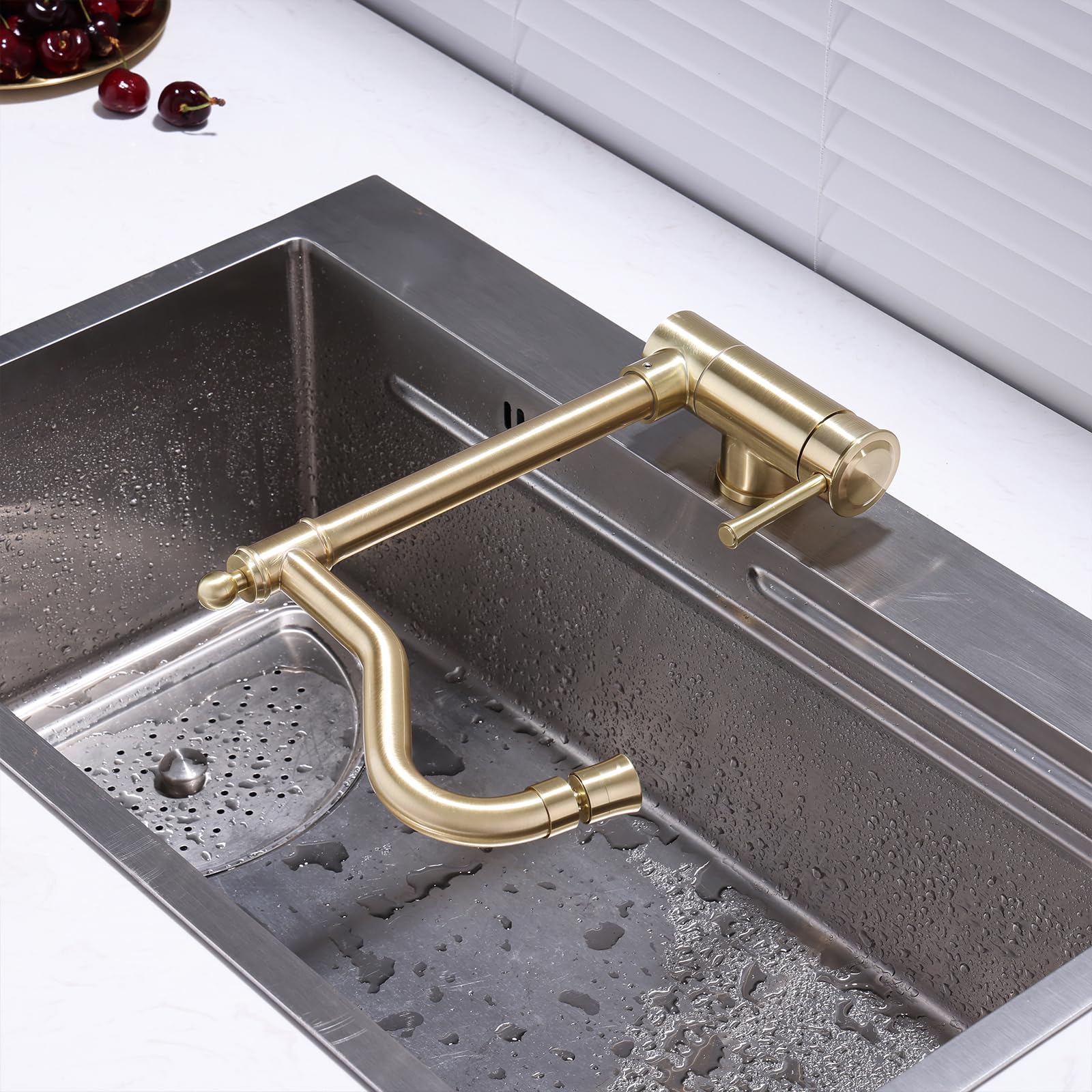 XJTNLB Grifo Cocina Vintage Dorado Cepillado Griferia Cocina Abatible Grifos Cocina Fregadero para Ventana de Acero Inoxidable 304