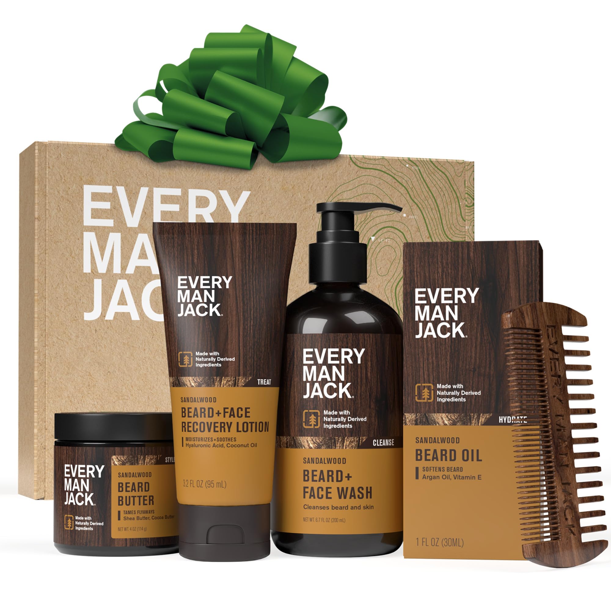 Every Man Jack Beard Essentials Gift Set for Men – Complete Routine with 5 Full-Size Essentials – Sandalwood Scent - Beard & Face Wash, Lotion, Oil, Butter & Comb