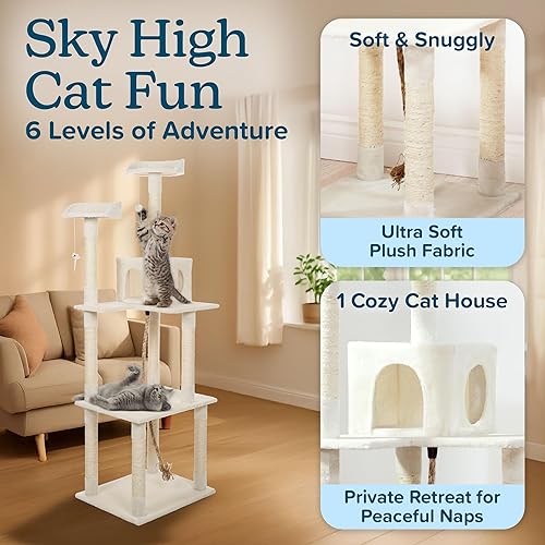 Miniatura 3 de Cat Tree - 6-Foot Cat Tower for Indoor Cats with Napping Perches, Kitty Condo, 9 Cat Scratching Posts, 2 Hanging Toys, and Rope by PETMAKER (Ivory)