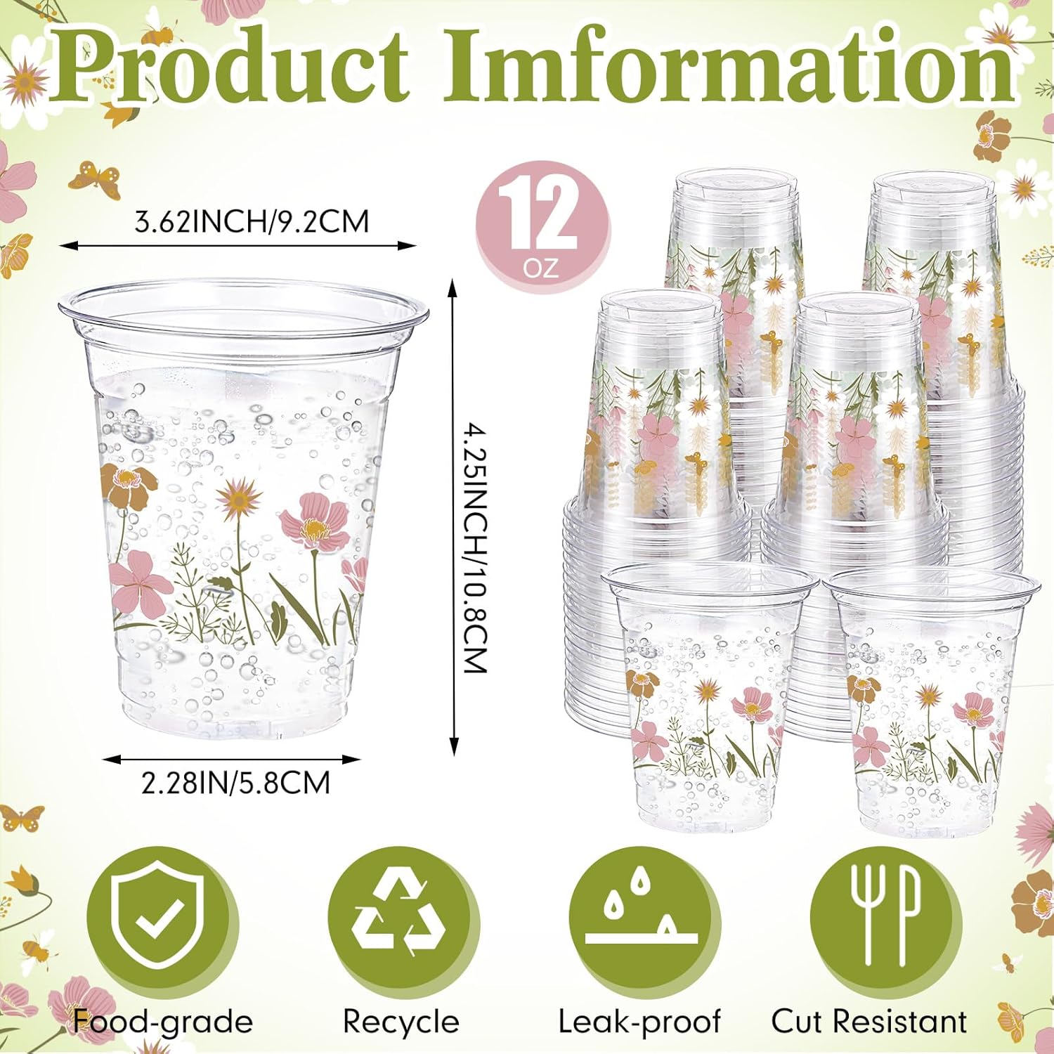 Hushee 60 Pcs Boho Floral Cups with Spring Summer Flower 16 oz Wildflowers Plastic Disposable Drinking Cups for Summer Spring Autumn Birthday Baby Shower Party Supplies