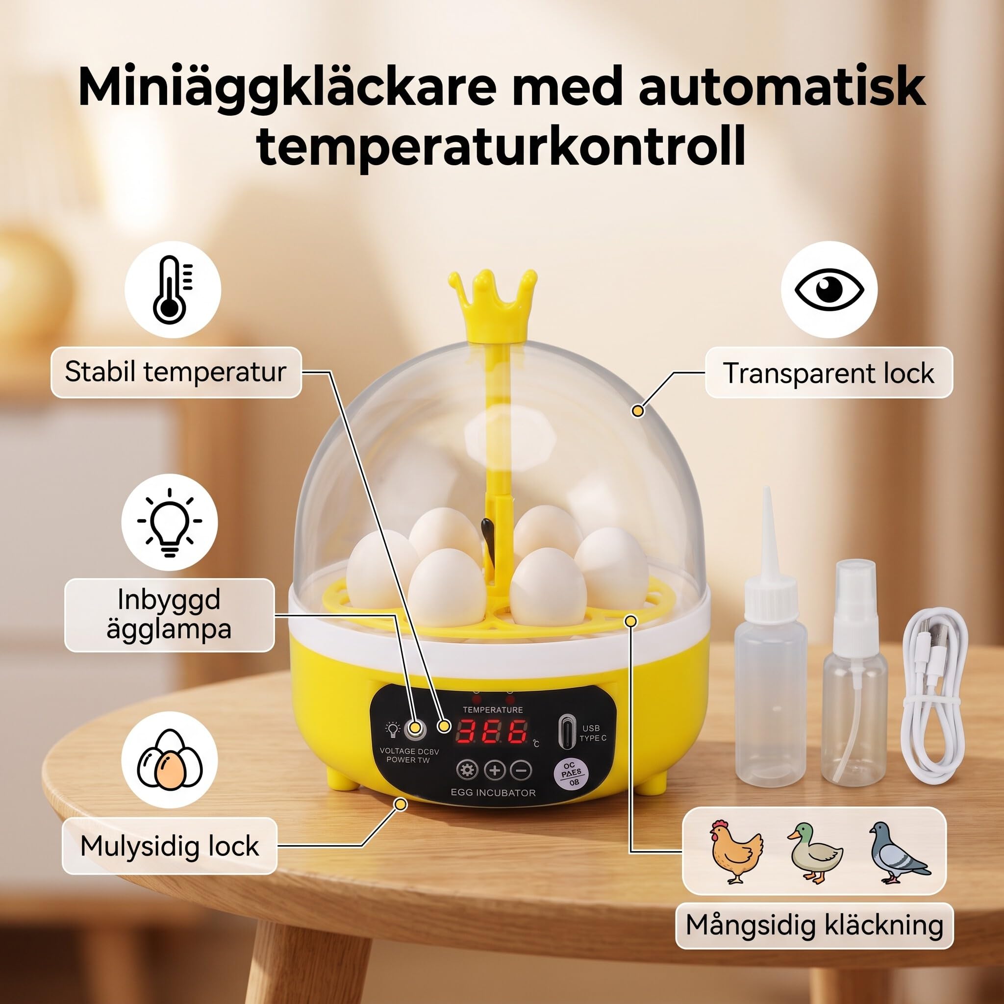 Zerodis Mini Incubatrice per Uova, Materiale ABS, Controllo Automatico della Temperatura, Macchina da Cova per Uova di Gallina e Anatra, 7 Watt, Ideale per Uso Domestico (Tornitura manuale)