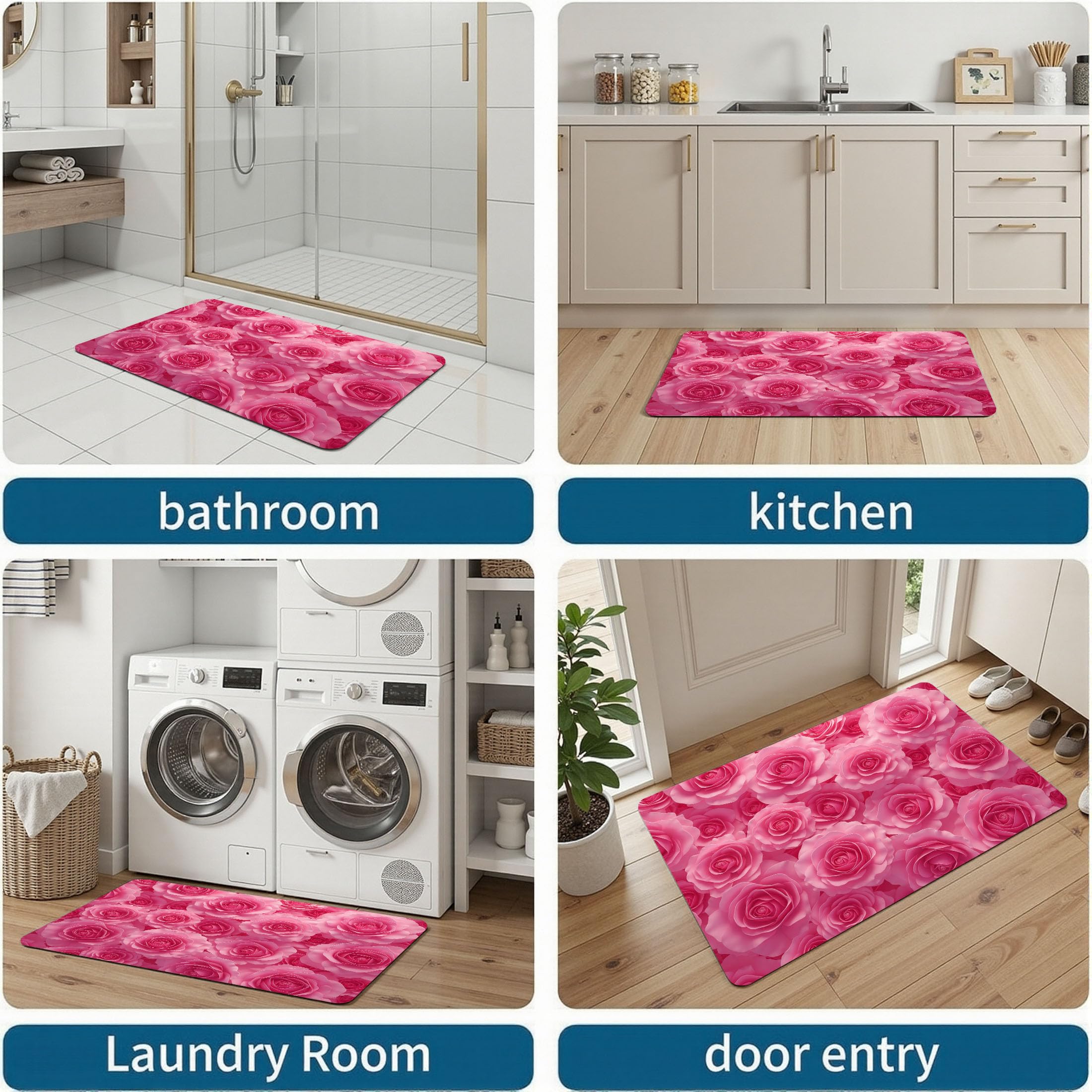 Tapis Entree Interieur Romantique Floral 60x90cm Lavable en Machine, paillasson AntidéRapant Poil Ras, Aquarelle Rose pour Chambre Salle a Manger Cuisine, Rose Vif