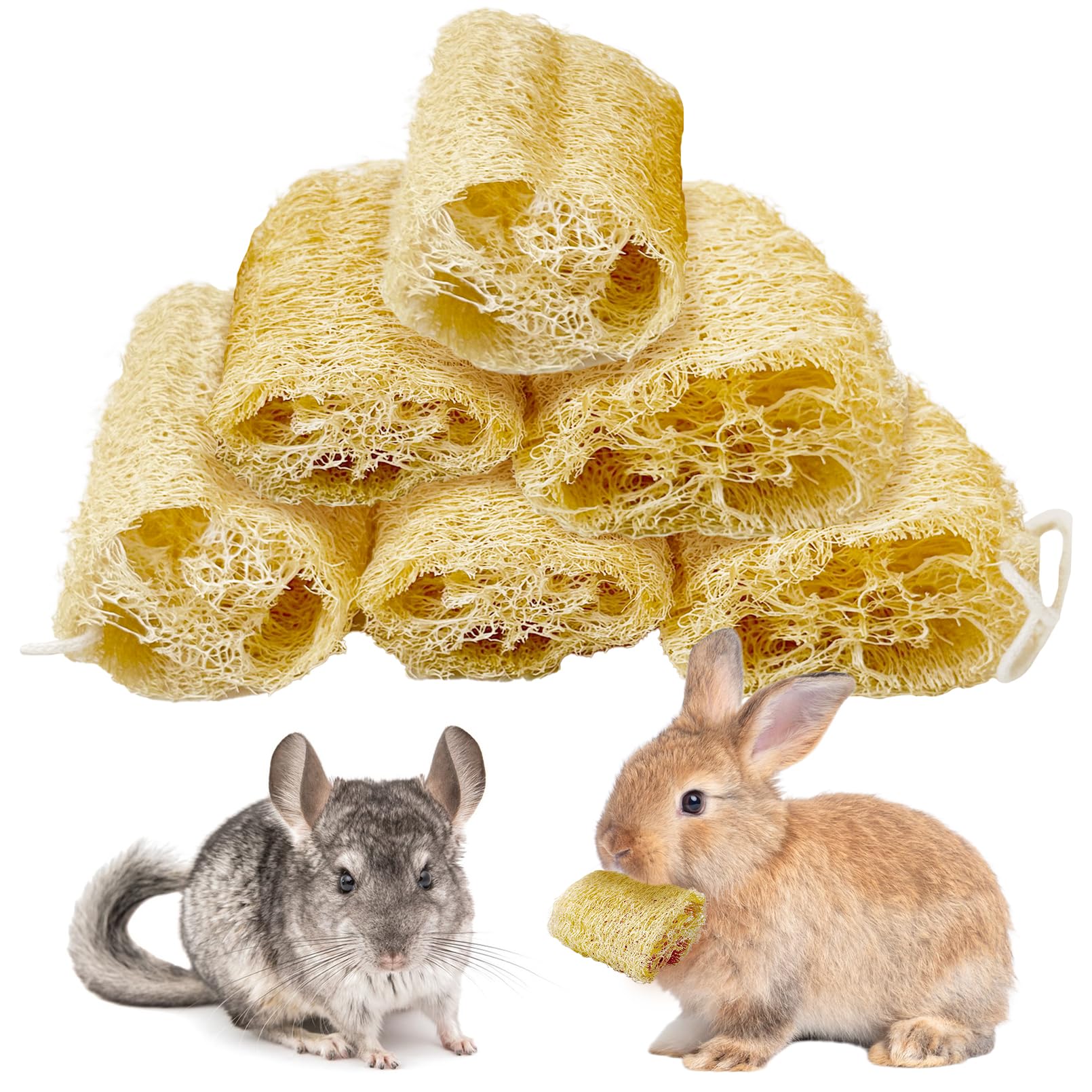 BNOSDM Giocattoli da masticare in luffa naturale per coniglio, giocattolo per la macinazione dei denti del coniglio, ricchi di fibre, accessori per l'intrattenimento per conigli e cincillà, 6 pezzi