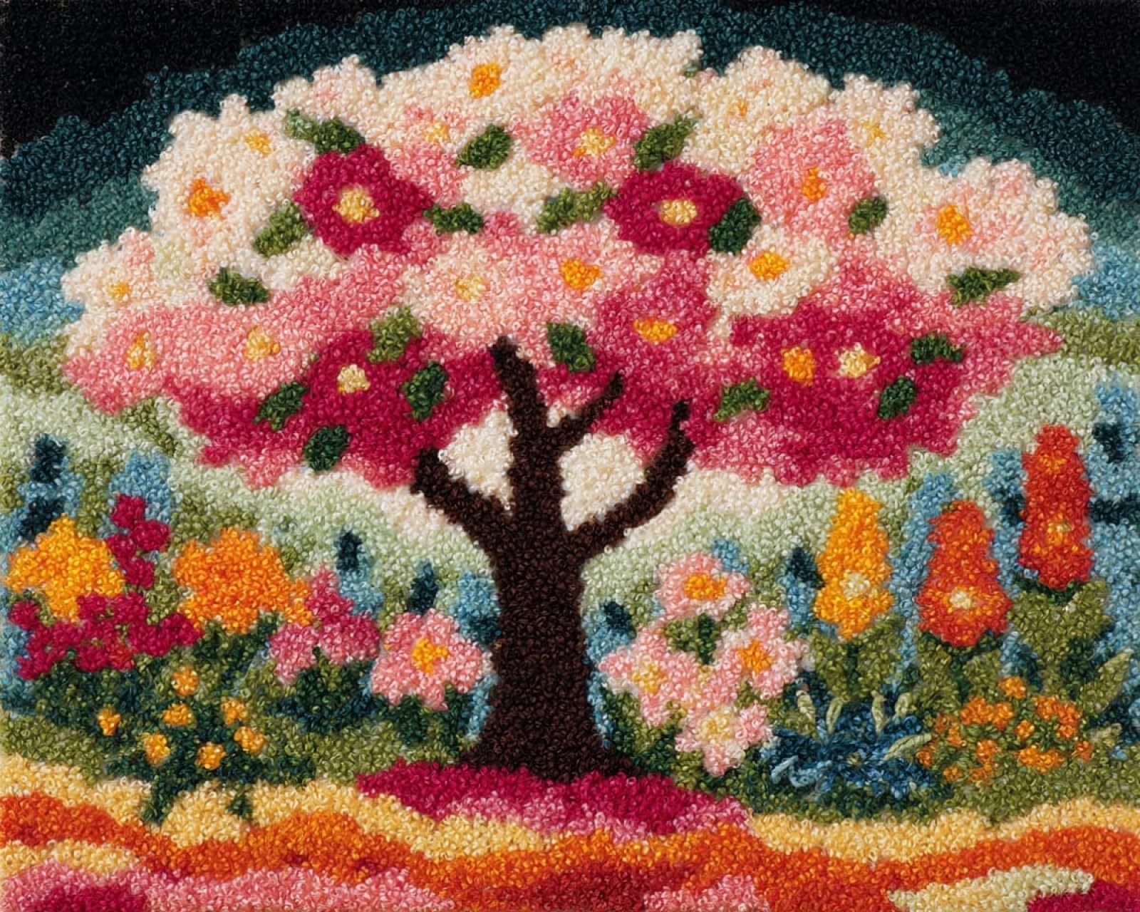 Wallphantom DIY Craft Latch Hook Rug Kits,Flowers on the Tree,Printed Carpet Crochet Yarn Kits,Handcraft Cushion Crocheting Hook Home Decoration for Family Friends,55x75cm