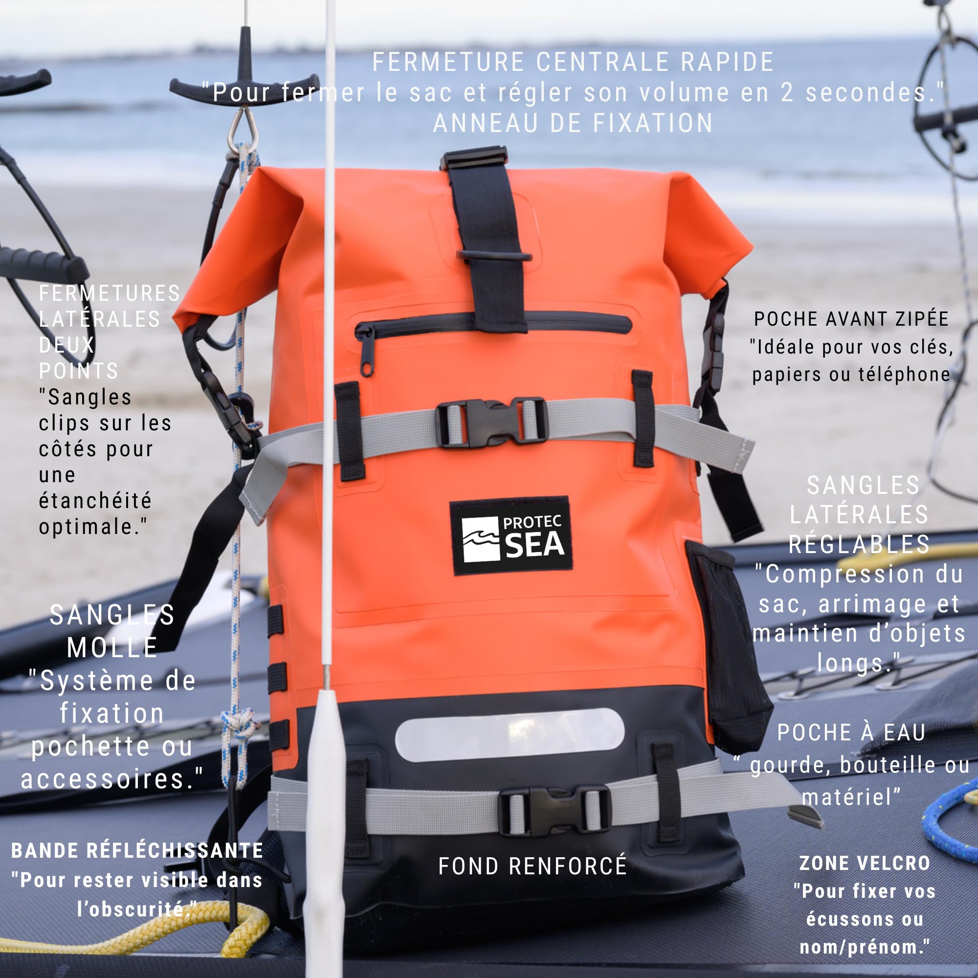 Mochila impermeable (30 L, resistente al agua, IPX6, bolsa de náutica, kayak, pádel, barco senderismo, muchos sujetadores, bolsillo delantero, bolsillo para agua)