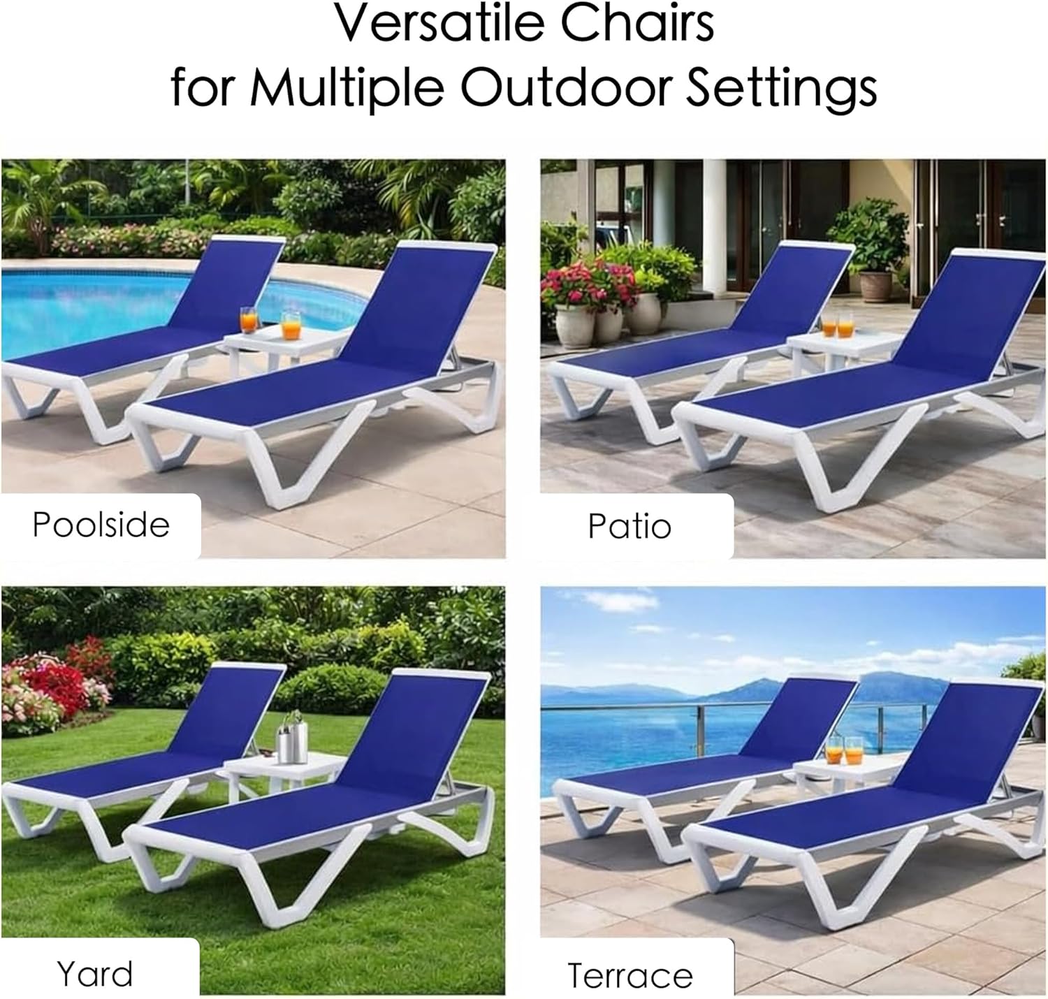 Kozyard Outdoor Chaise Lounge Chair, Full Flat Adjustable Patio Lounger with Aluminum Frame & Resin Legs, Textilene Fabric for Poolside, Backyard & Beach (NavyBlue, 2Chairs with Table)