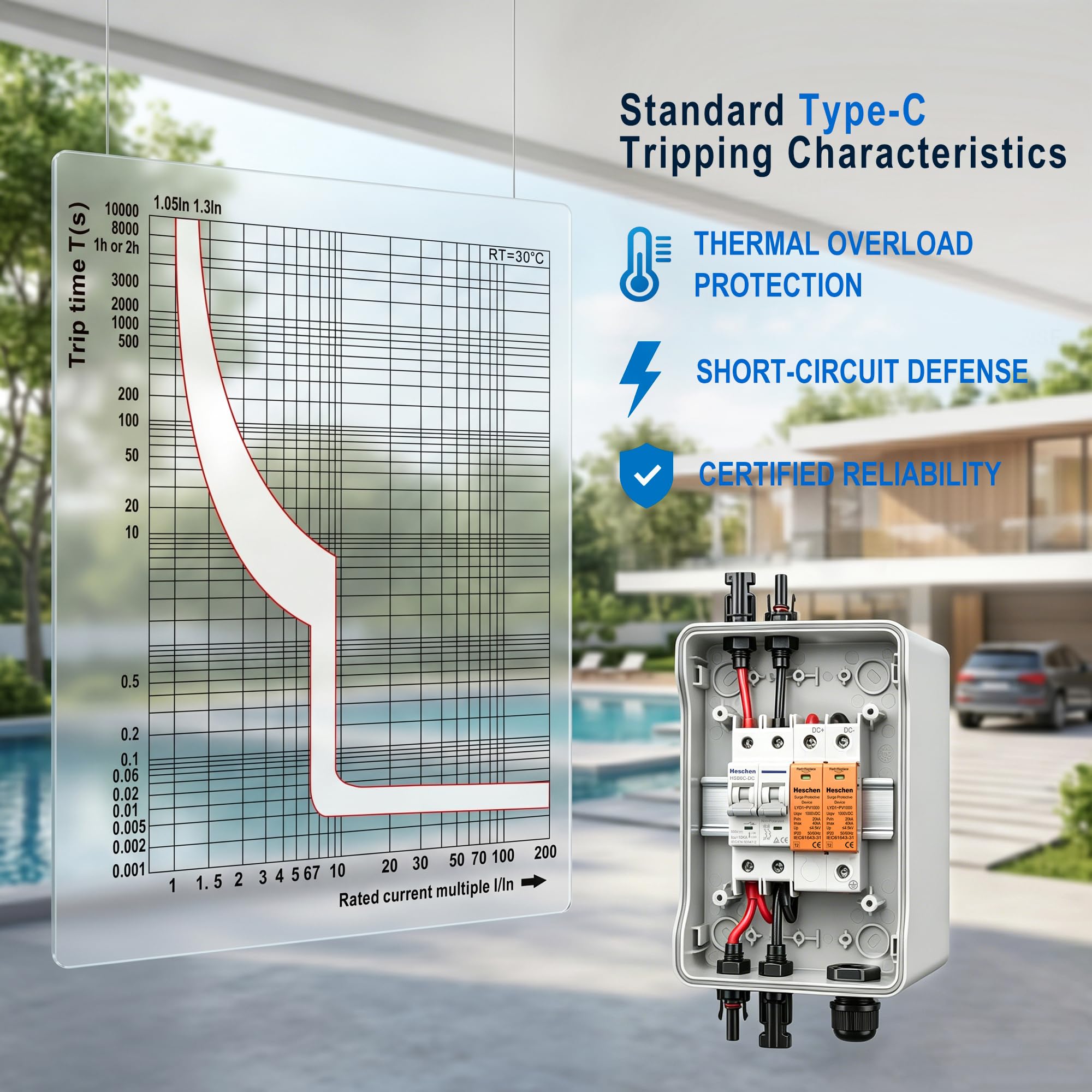 Heschen 1-strunowy PV Combiner Box 500 V DC, gotowa do podłączenia skrzynka przyłączeniowa fotowoltaiczna z wtyczką MC4, 1 x bezpiecznik 32 A i ochrona przed przepięciem 1000 V 40 kA, IP65, CE TÜV