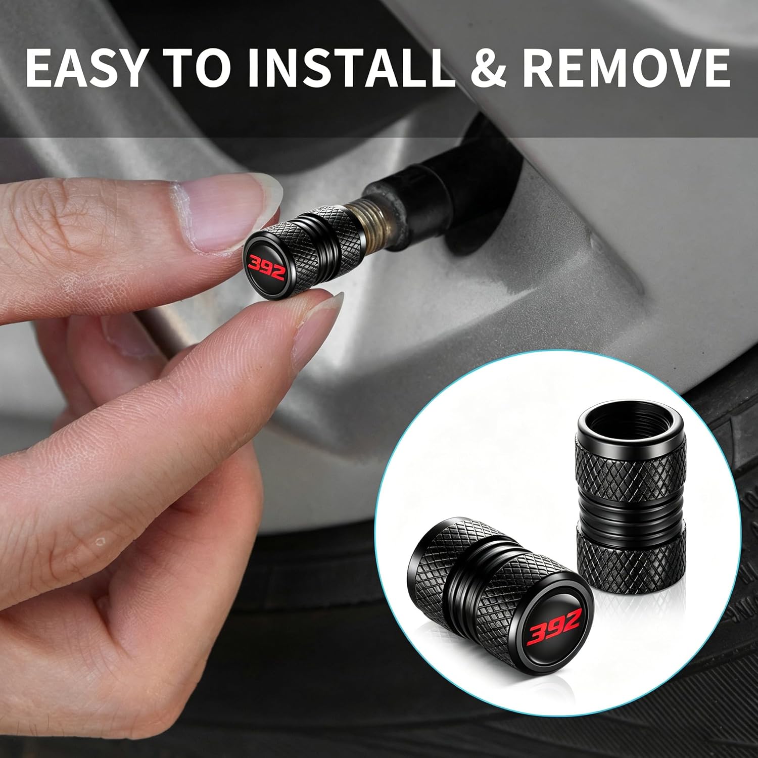392 Tire Valve Stem Caps Car Accessories 4-Pack,Aluminum 392 Tire Valve Cap Set, Corrosion Resistant, Universal Stem Covers for 392 Owners (Black-392)