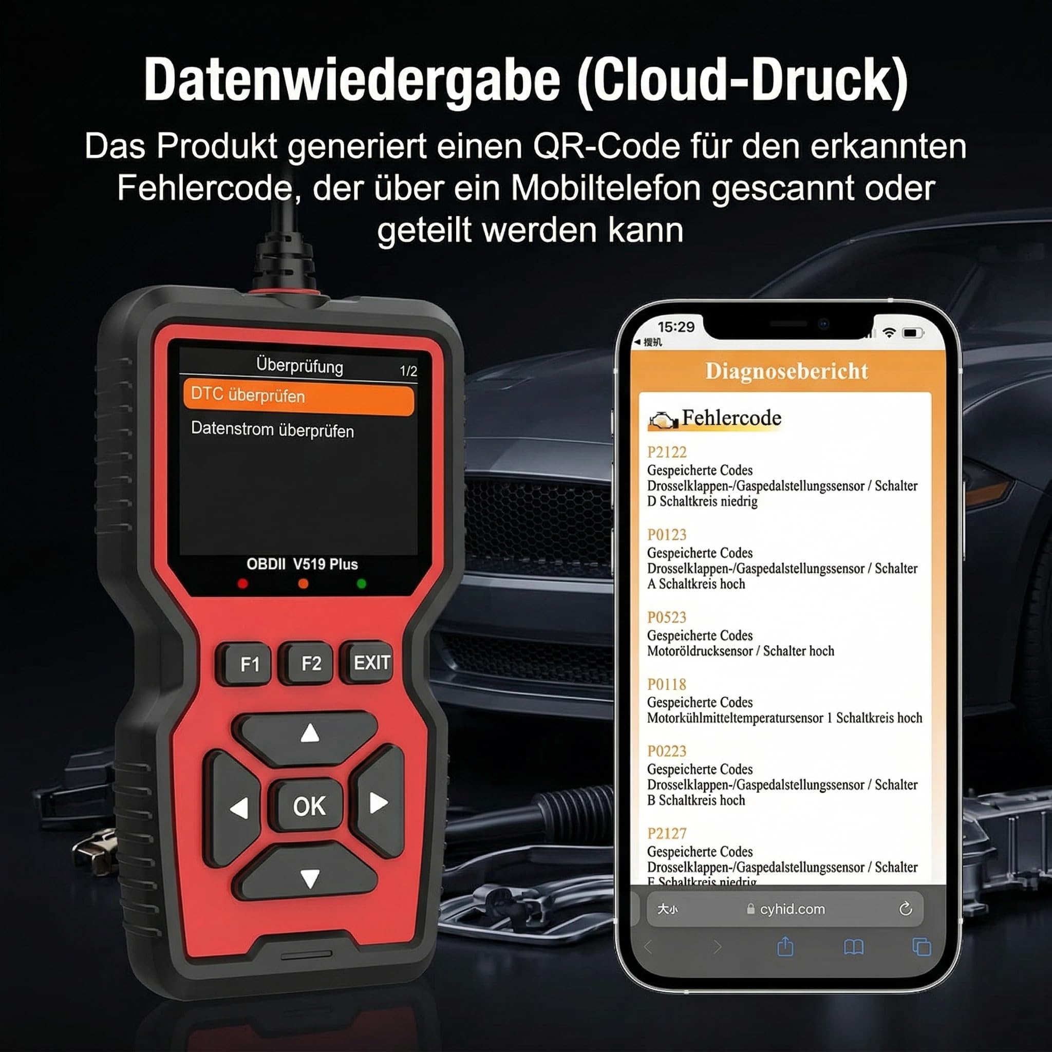 OBD2 Diagnosegerät, Auslesegerät KFZ für OBDII Autos, OBD Adapter, A | OBDII Diagnosewerkzeuge mit Alle OBD2 Funktionen, Motor Diagnose, Batterietest, Fehlerauslesegerät ab 2002 für alle Fahrzeuge