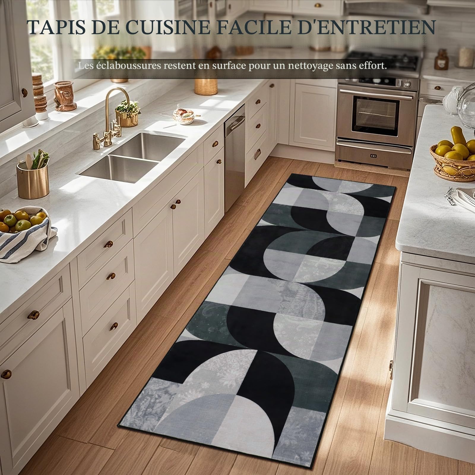 Tapis de couloir bohème à poils courts et doux, lavable, pour couloir, buanderie, entrée, salle de bain, 60 x 180 cm, noir