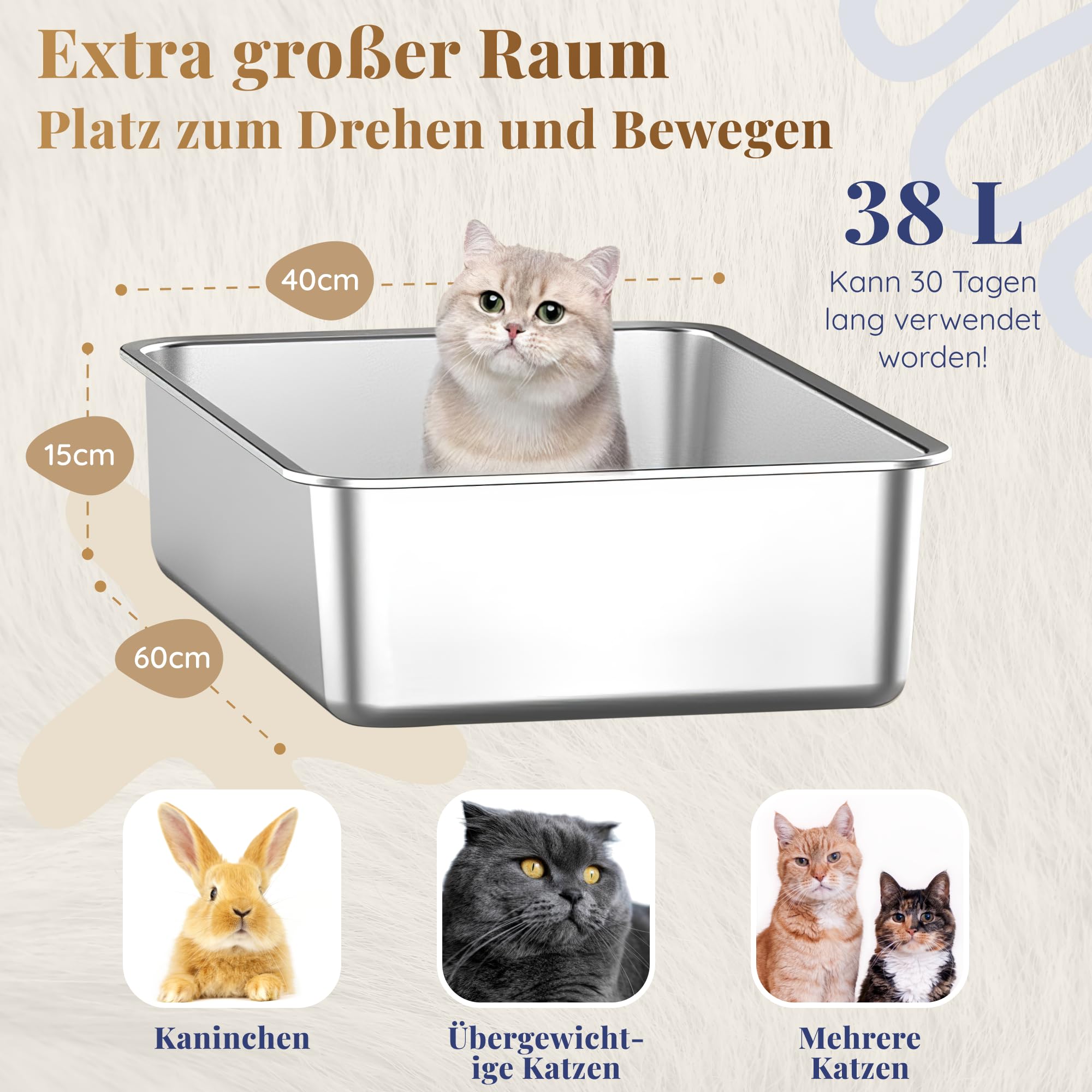 Lettiera per gatti in acciaio inox, XXL, facile da pulire, resistente agli odori, 60 x 40 x 15 cm, rivestimento antiaderente, adatta per gatti grandi e piccoli, conigli