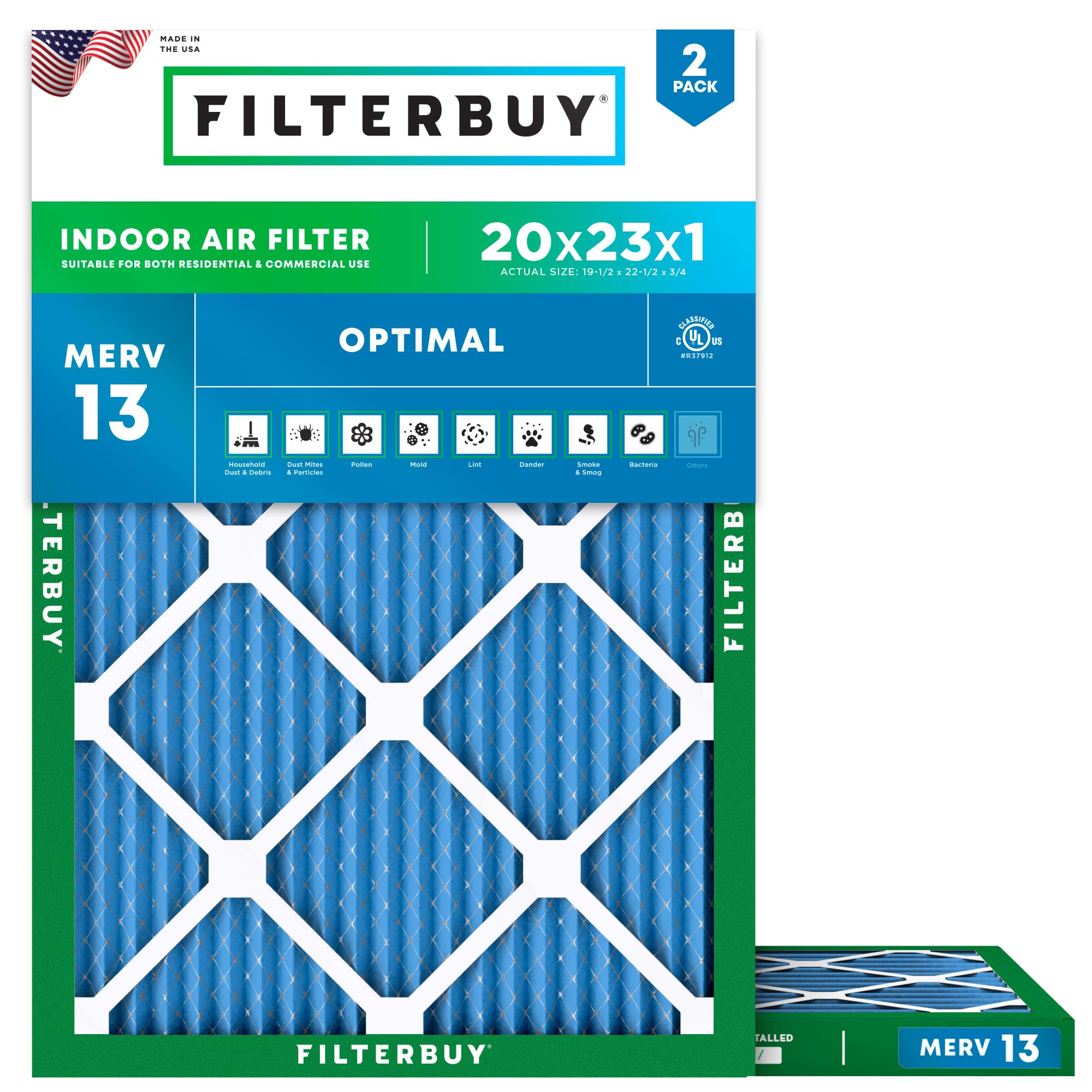 Filterbuy 20 x 23 x 1 filtro aria MERV 13 ottimale difesa (2 confezioni), ricambio per filtri aria condizionata a pieghe HVAC (dimensioni effettive: 19,50 x 22,50 x 0,75 pollici)