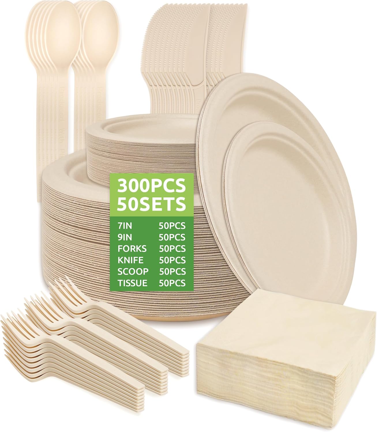 300Pcs Disposable Paper Plates Set, Compostable Plate Sugarcane Utensils Eco Friendly Dinnerware Kit Includes 50 Biodegradable Plates, Forks, Knives and Spoons 300Pcs Disposable Paper Plates Set, Compostable Plate Sugarcane Utensils Eco Friendly Dinnerware Kit Includes 50 Biodegradable Plates, Forks, Knives and Spoons