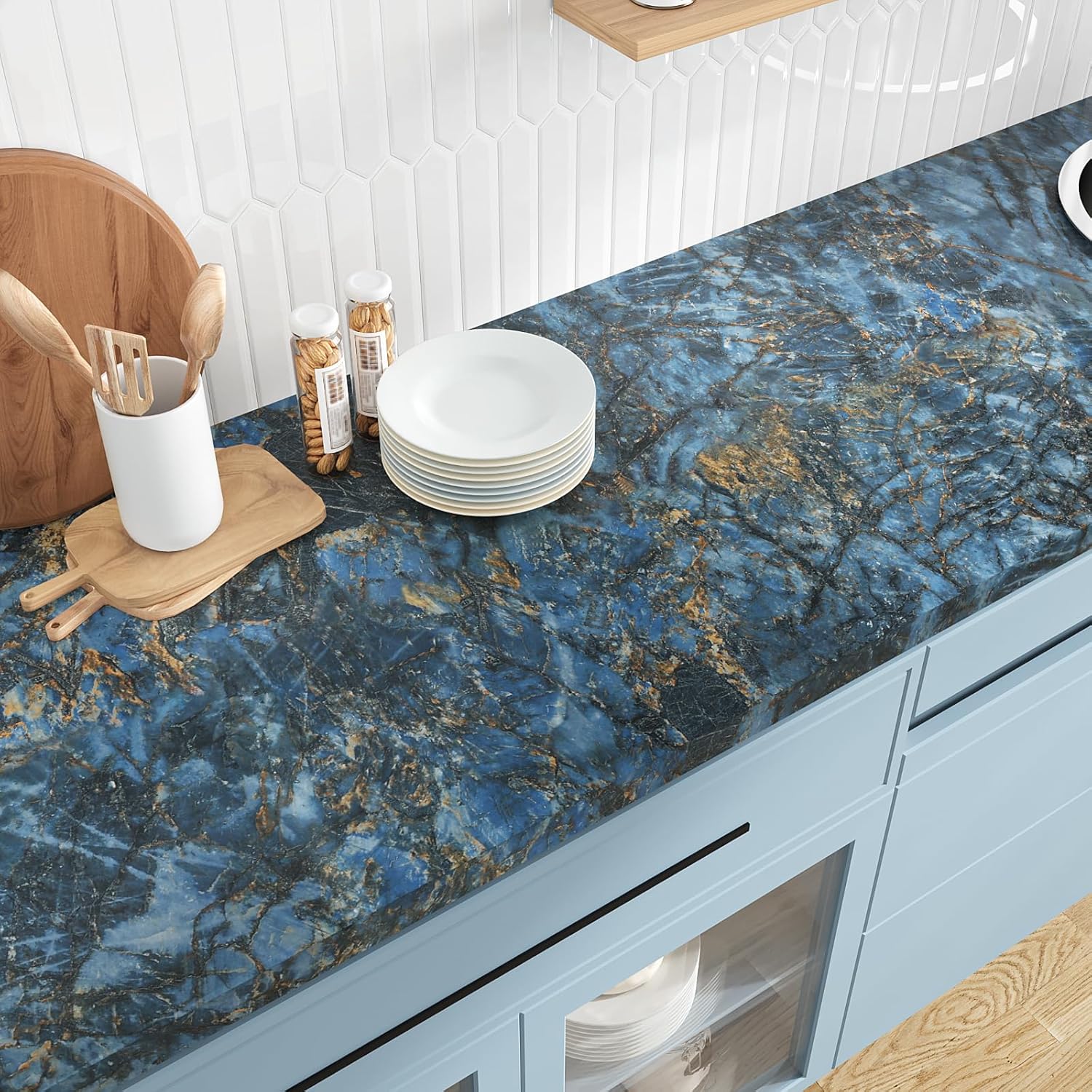 VEELIKE Blue Gold Marble Countertop Contact Paper Waterproof Peel and Stick Countertops Marble Wallpaper for Countertop Table 15.7''x354'' Self Adhesive Vinyl Counter Top Covers for Kitchen Bathroom